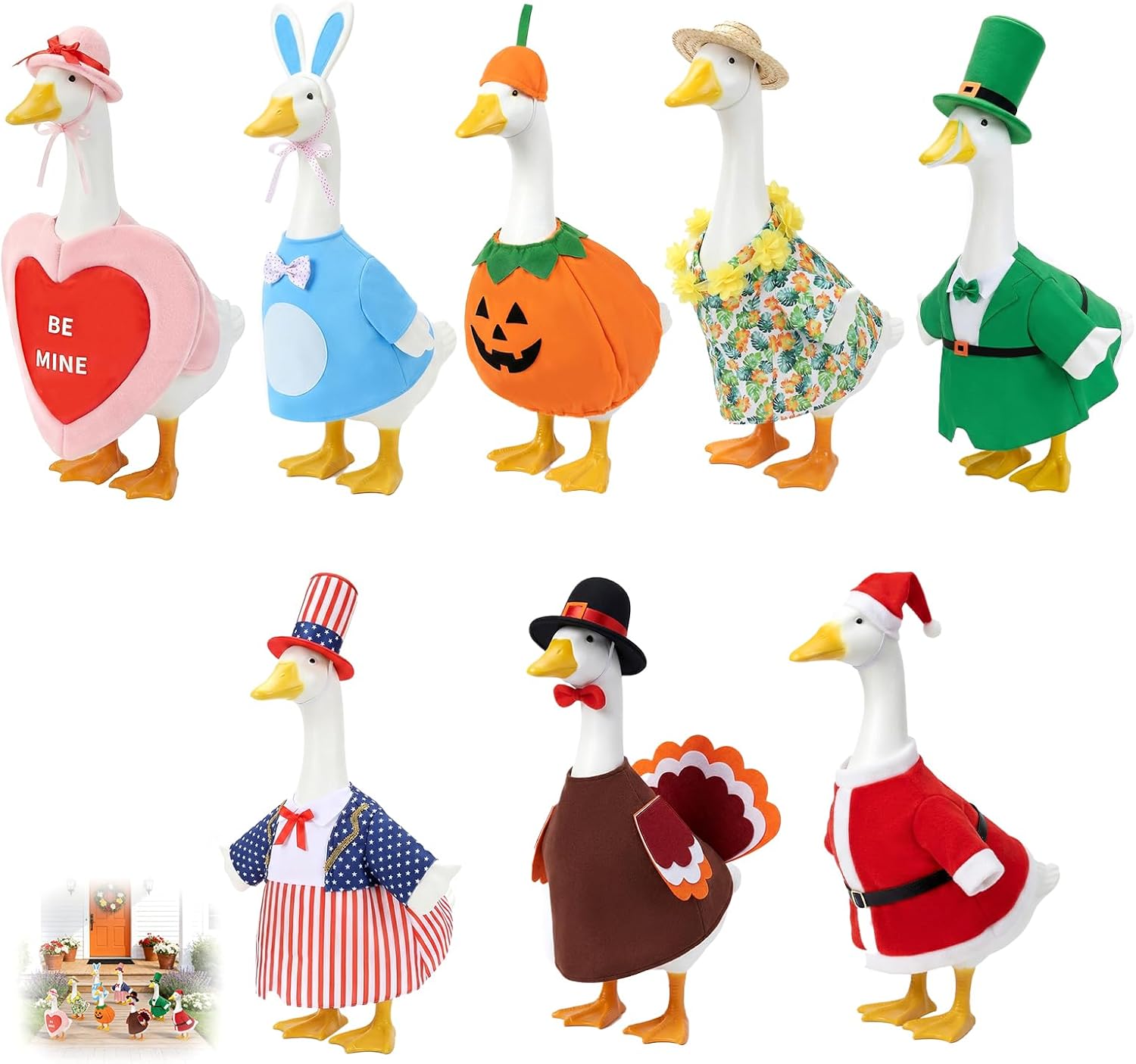 Porch Goose Outfits Set of 8 Holiday Porch Goose Valentine St. Patrick Easter Summer 4th of July Fall Halloween Christmas for All Seasons 23 inch Lawn Porch Gooses Clothing for Patio Yard Decor