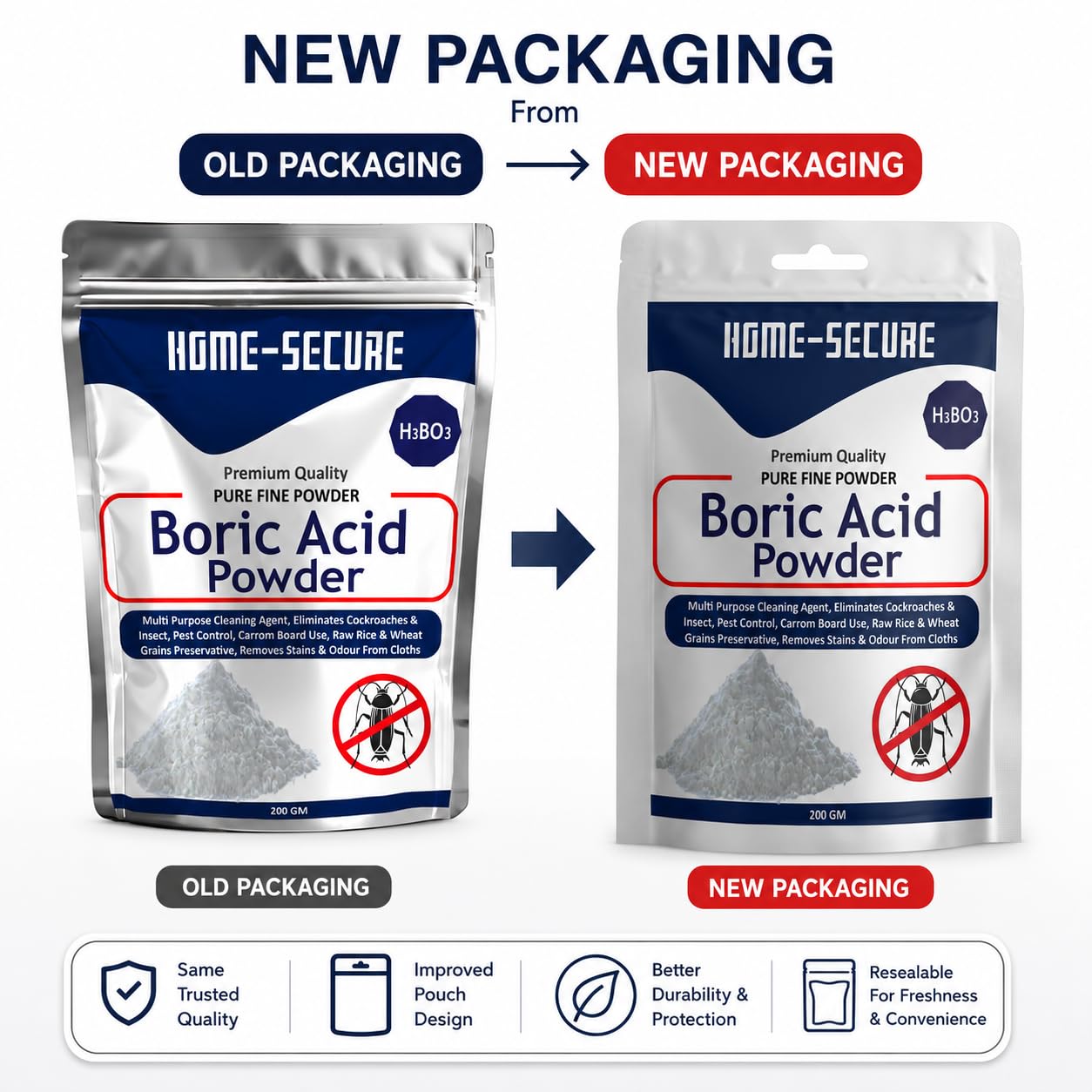Home-Secure Boric Acid Powder for Cockroaches, Ant Repellent, Bed Bugs Killer, Carrom Board Powder, Rice Preservative, Kitchen Cleaner, Stain Remover, Industrial Cleaning Agent, Natural & Safe-200gm