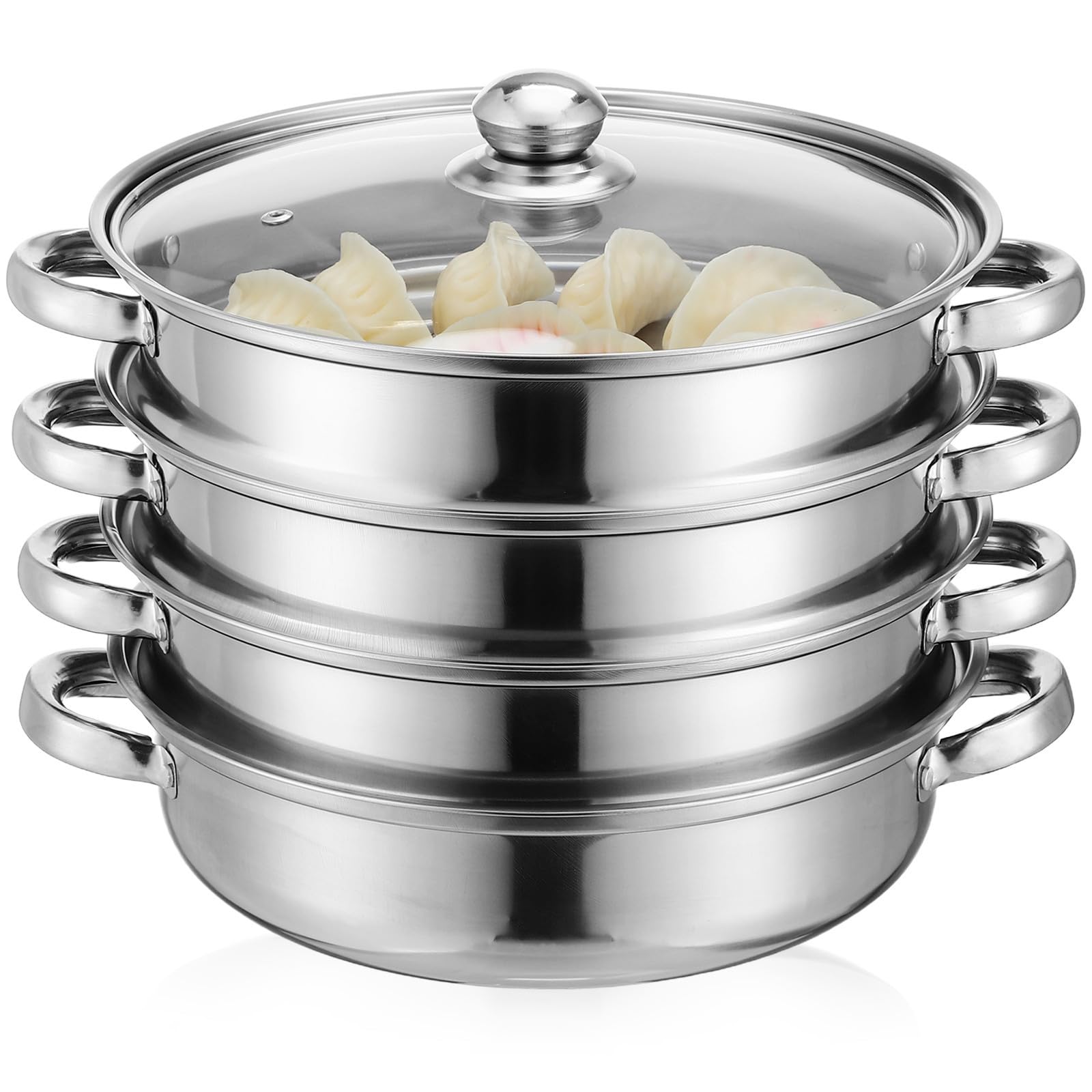 Yardwe Olla de vapor de acero inoxidable de cuatro capas para preparar sopas y platos al vapor, fondo grueso, recipiente metálico para cocinar verduras y mariscos