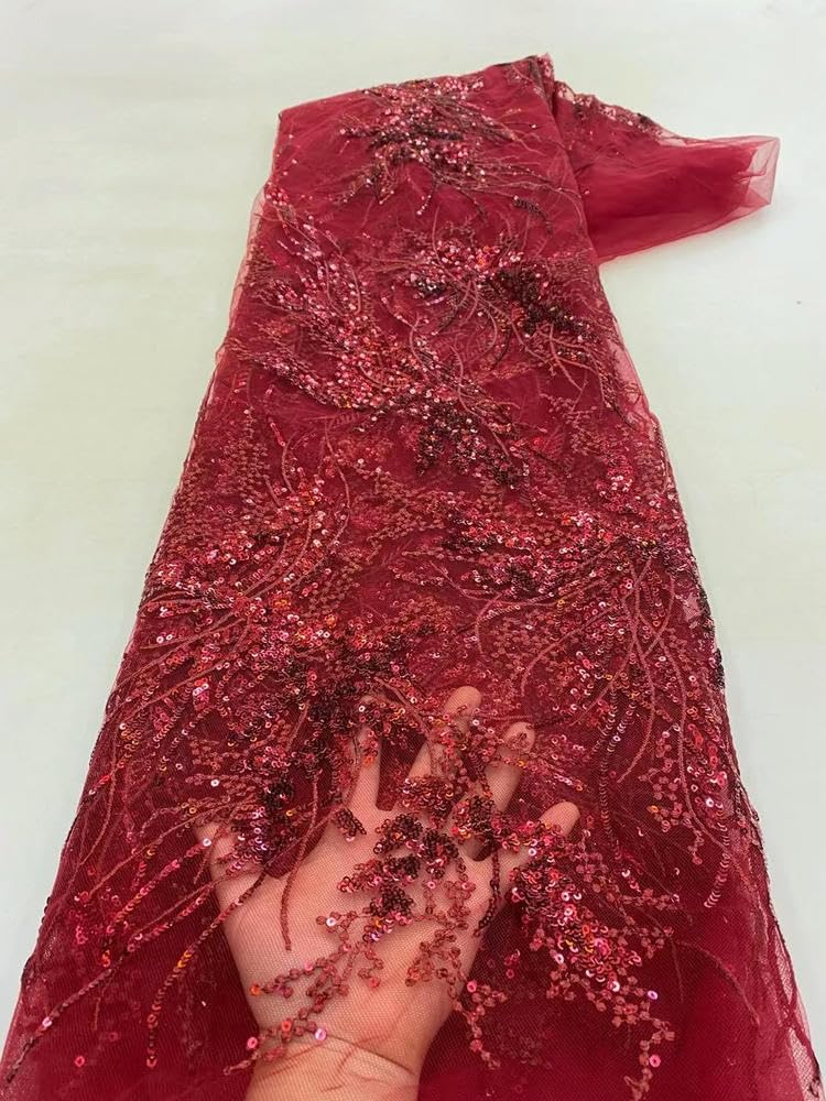 Tela de Encaje Africano con Lentejuelas y Red de Tul de 5 Yardas para Vestido de Fiesta de Boda