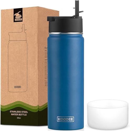 koodee Botella de agua de acero inoxidable de 22 onzas con aislamiento al vacío para niños, botella de agua de metal reutilizable, sin BPA (azul