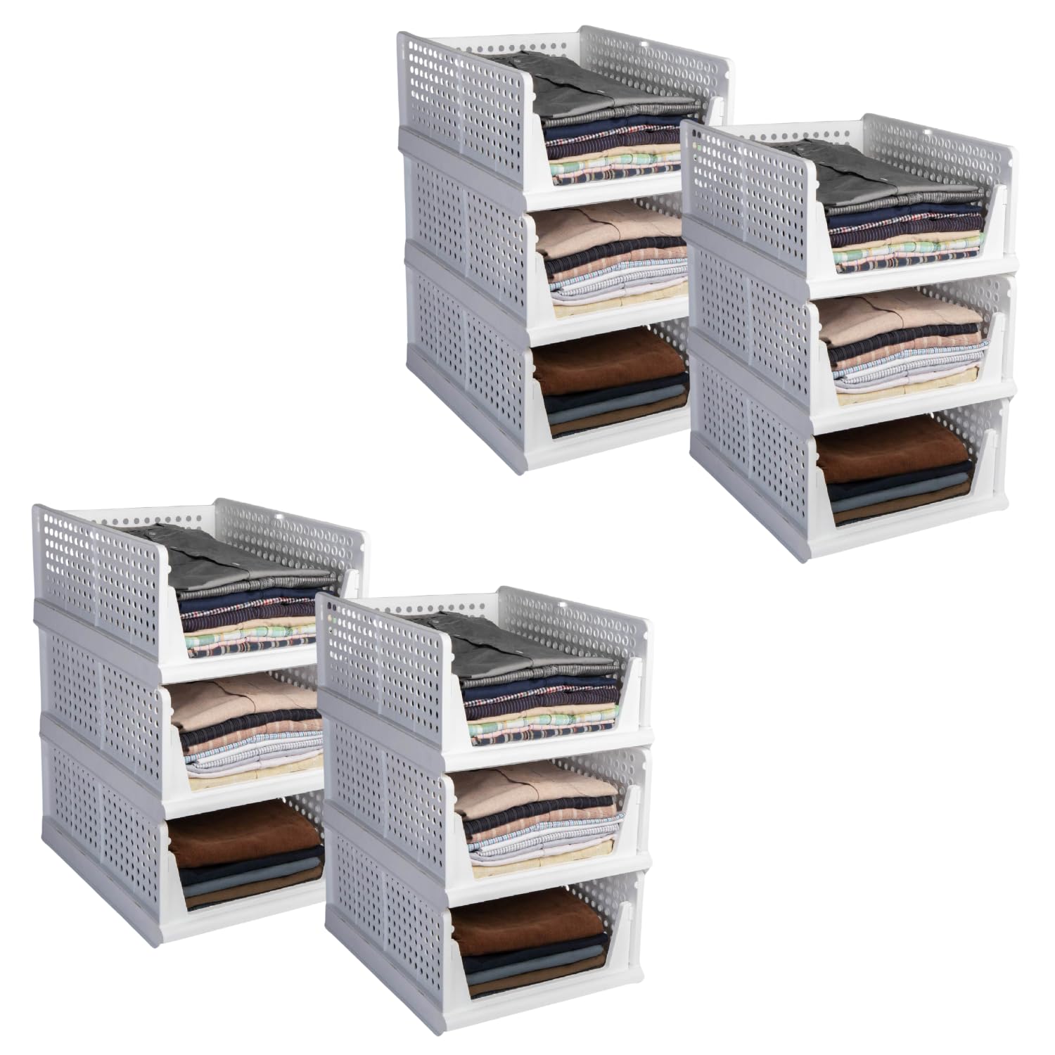 HomeStrap Set of 12, Stack it Up | Large Cloth Stacker | Foldable Shirt Storage Stacker for Wardrobe | Plastic Stackable Closet Organizer | White