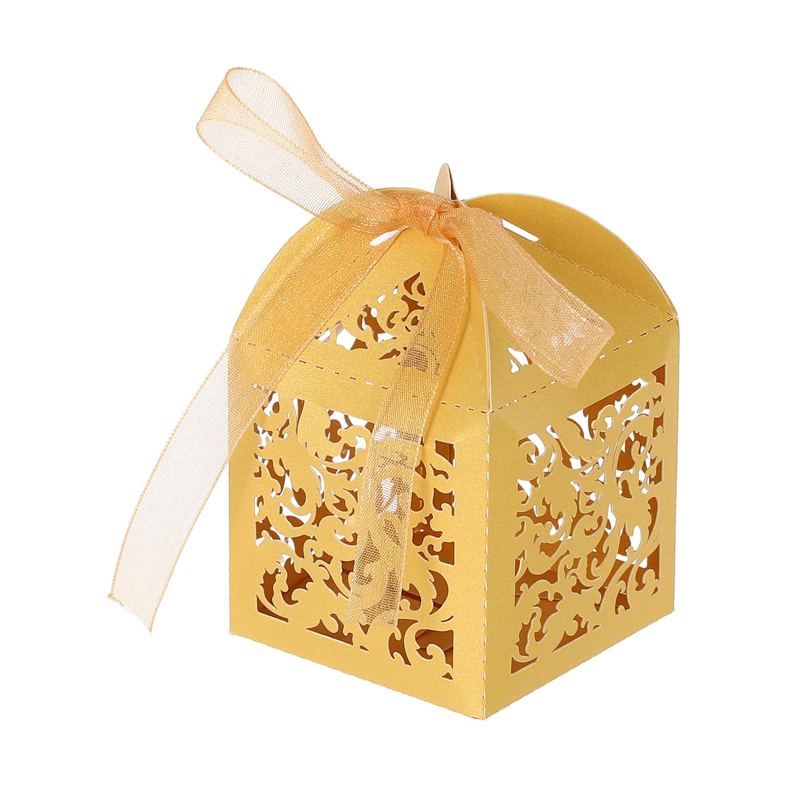 PATIKIL Laser Cut Favor Boxes,(Gold) (50Pcs), Reusable Cute Candy Cookie Gift Boxes with Ribbons for Wedding/Birthday Party/Anniversary/Baby Shower