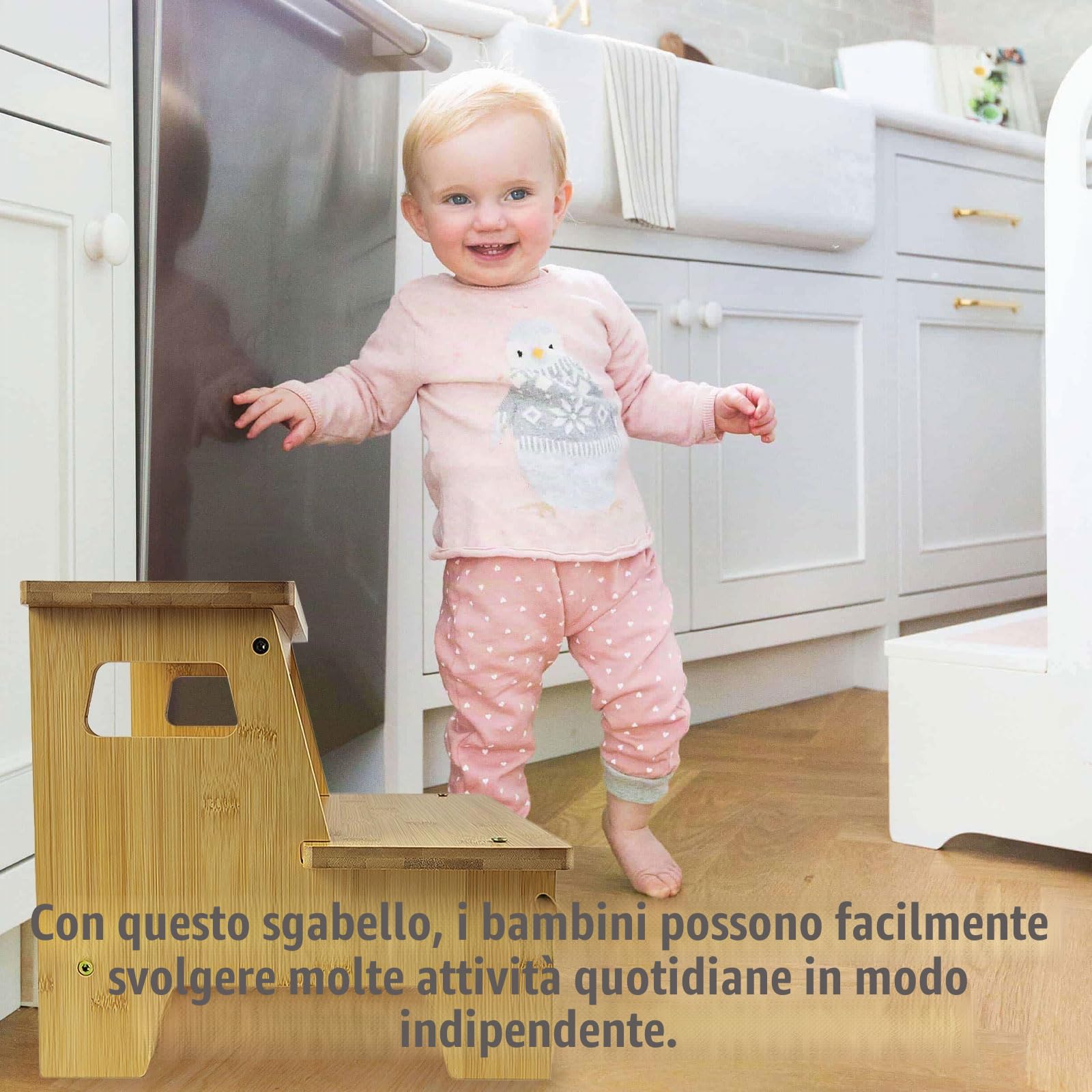 Gradino Legno, con 2 Gradini, Maniglia e Tappetino Antiscivolo, Sicuro e Stabile, Superficie Liscia e Priva di Bave, Adatto a Bagni, Cucine e Camere Dei Bambini