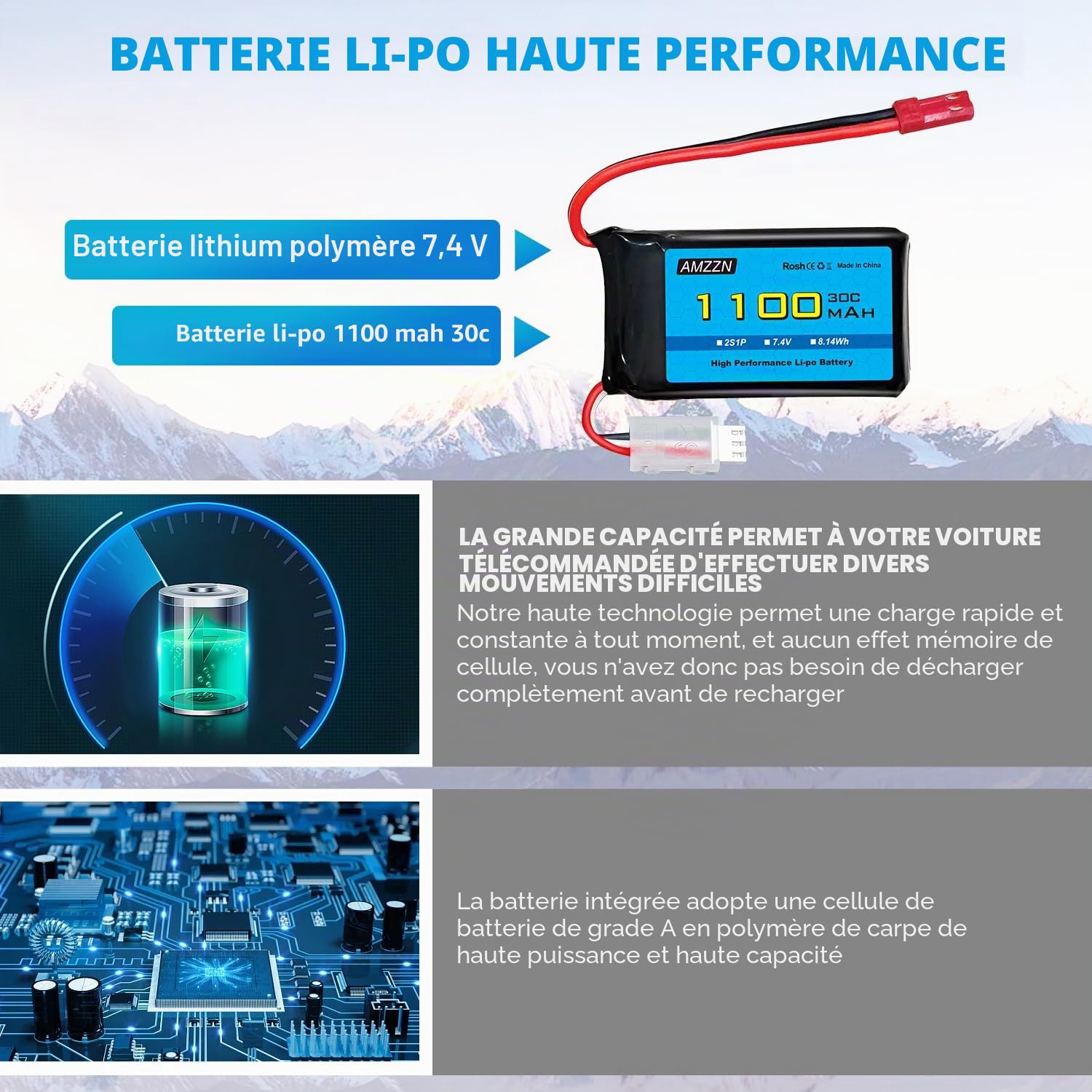 2PCS 7,4V 1100mAh 30C Lipo batterie avec chargeur 2-en-1 pour Wltoys A949 A959 A969 A979 K929 RC voiture, compatible avec 1/10 1/16 1/18 1/24 Ratio RC voiture et A320 A321 V3551 3 drone RC