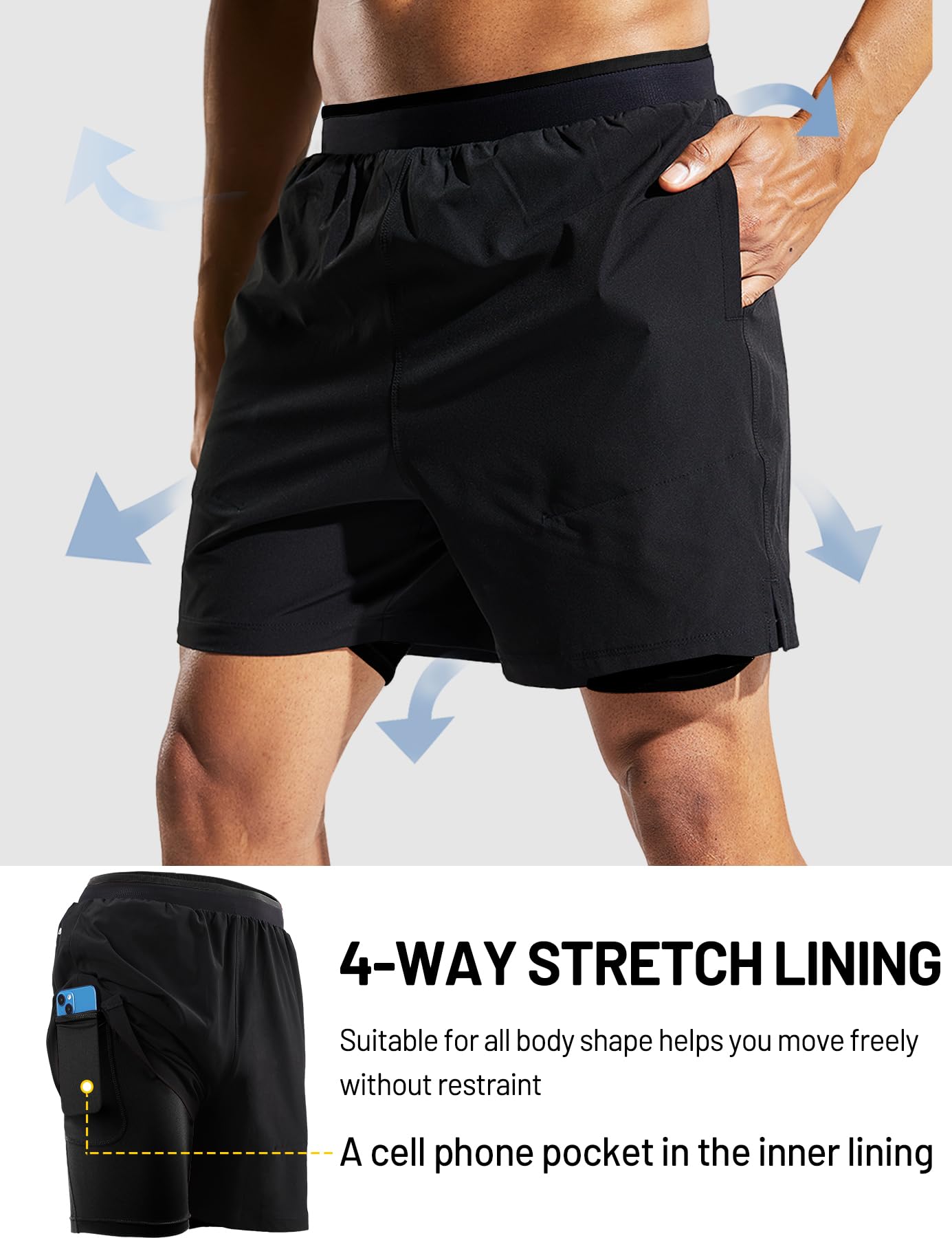 MIER Short de course 2 en 1 pour homme avec doublure de 12,7 cm, séchage rapide, short athlétique avec poches, léger, respirant