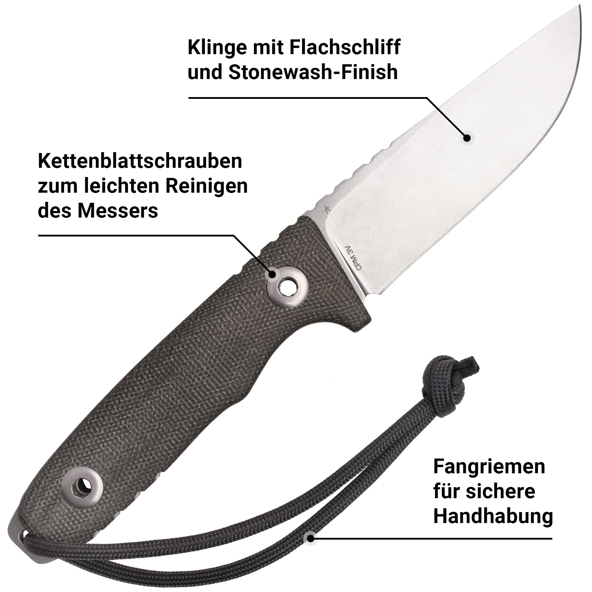 SCHNITZEL TRI Outdoormesser - Special Edition - Sonderedition, Full-Tang | Feststehendes Messer mit ca. 10,4 cm langer Klinge aus CPM 3V Stahl, Micarta Griff, Kydex Scheide mit Dangler-Tragesystem