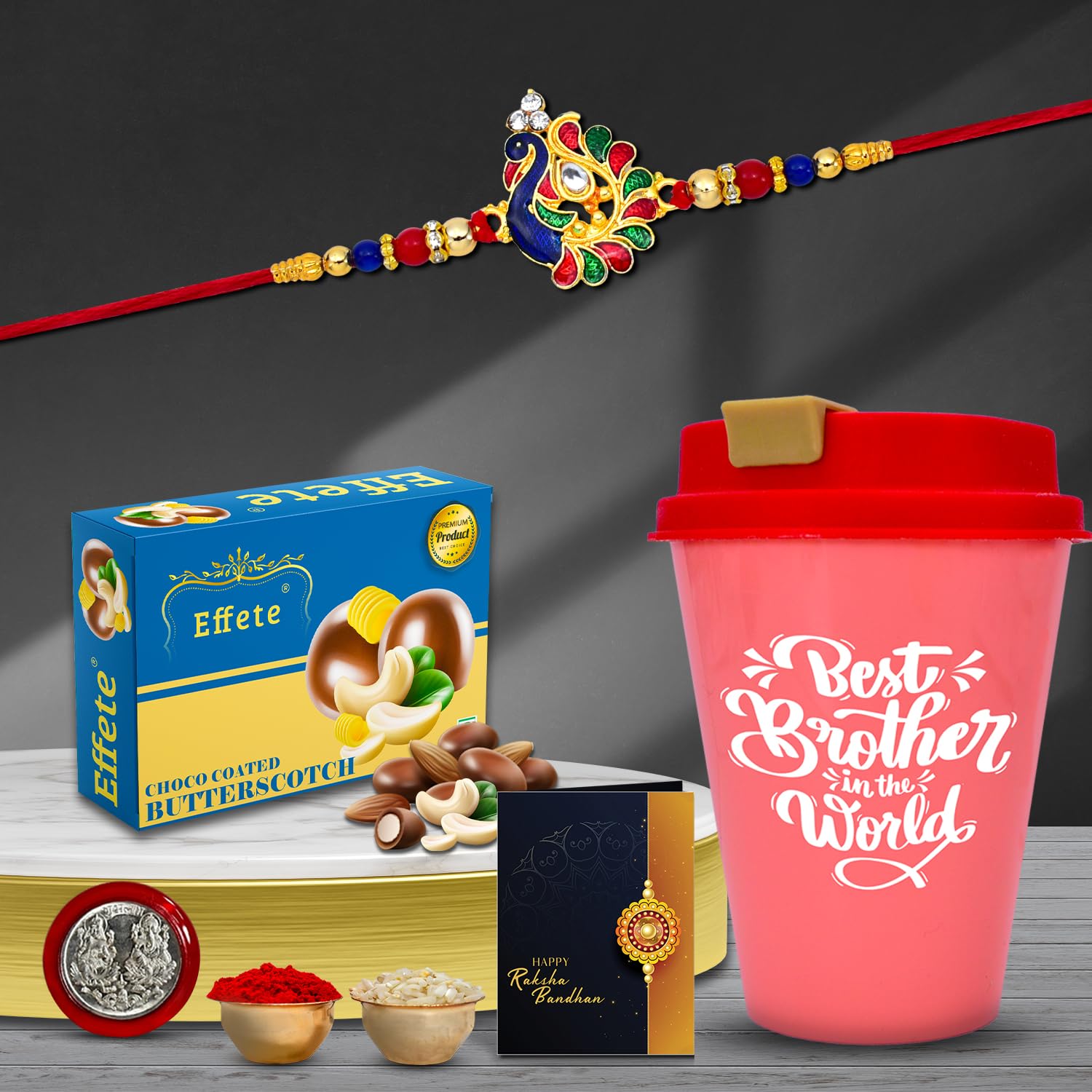 Vacalvers Rakhi Combo (K1_298_R4772+BS32) Effete Chocolate Butter Scotch 32gm & Coffee Mug / Tumbler / Cup / Sipper with Pooja Coin & Greeting Card, Rakhi Gift Set, Rakhi with Gift of mug, rakhi for younger brother, Rakhi with gift, rakhi for brother with chocolate, rakhi for brother and bhabhi, rakhi for brother kids, rakhi gift hamper, Flower rakhi, rakhi set of 1-image-43