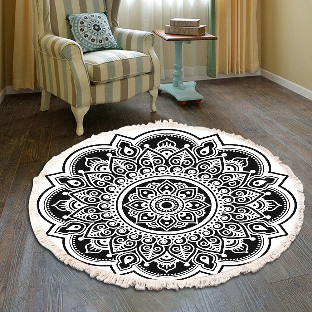Duories Vintage Boho Cotton Rugs Mandala Pattern Washable Hand-Woven Bohemian Round Rug with Tassels for Bedroom Hallway Living Room Coffee Table Doormats