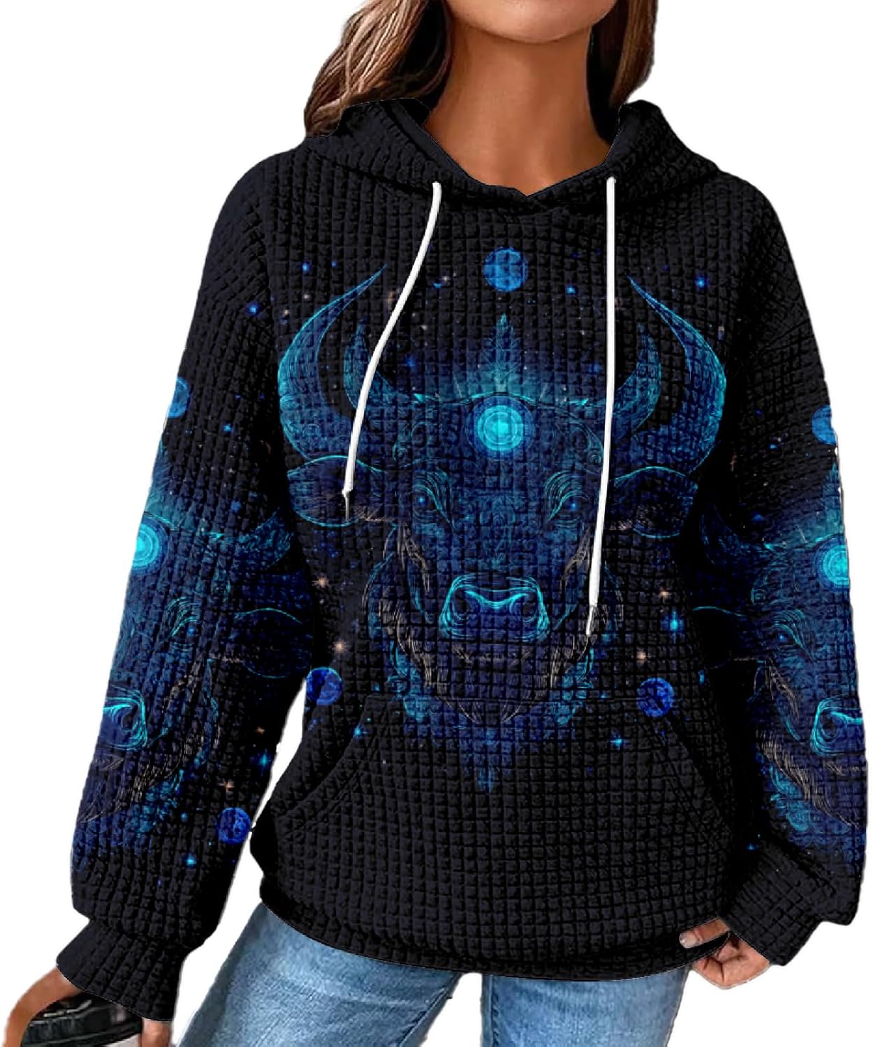 MARSVOVO Constellation Zodiac Graphic Hoodies for Women Gothic Waffle Sweatshirt Loose Casual Drawstring Fall Pullover