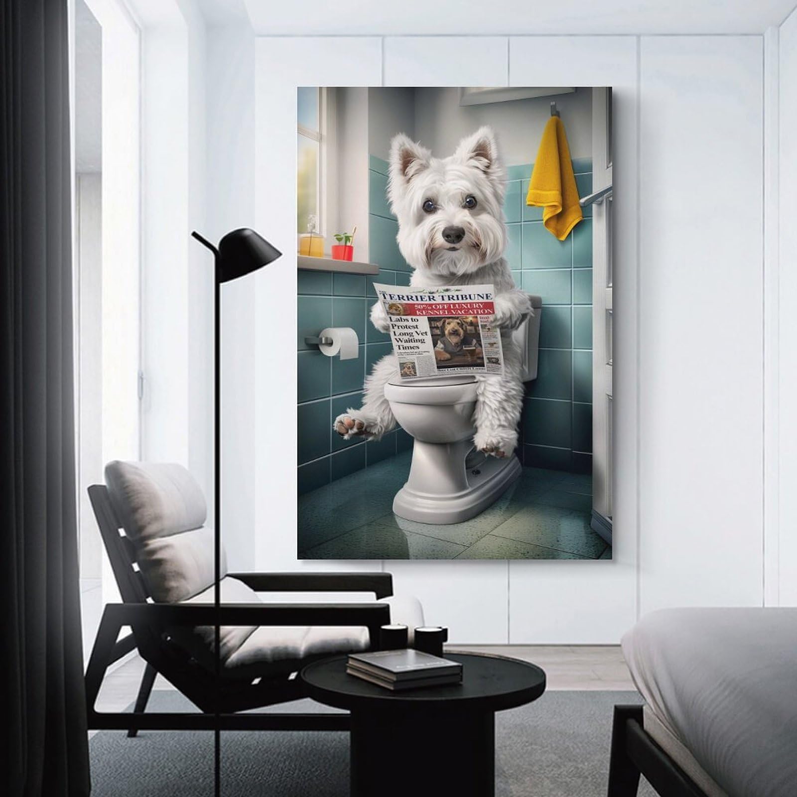 Junmoney Unframe-Style-20 Dog Reading Newspaper In Bathroom Decorative Canvas Print, 24X36inch(60X90cm), For Contemporary Homes, Apartments Or Offices, Home Artwork For Modern Interiors