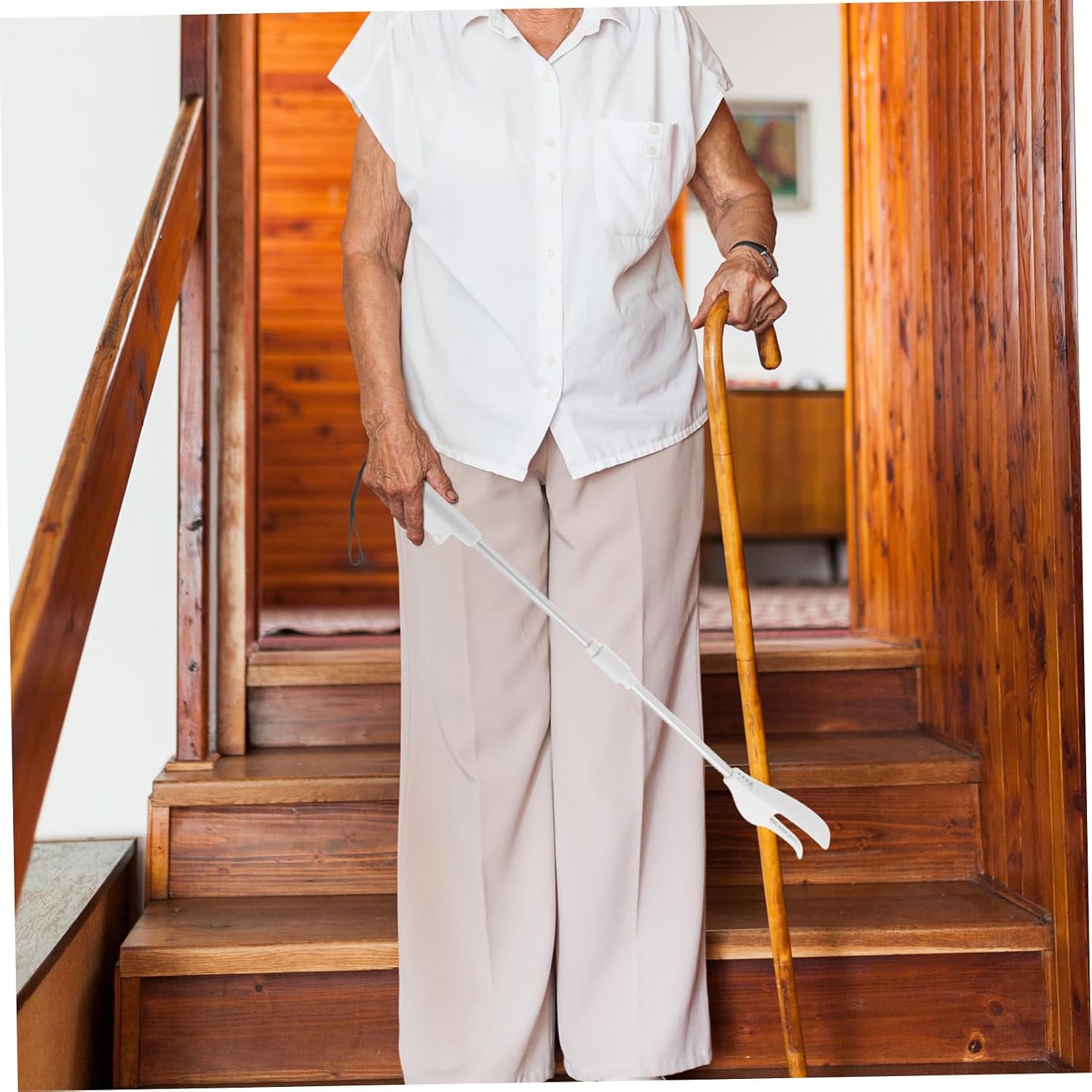 Angoily Long Hand Grabber Tool for Seniors with Single Handed Operation and Nonslip Holding, Plastic and Stainless Steel Pickup Stick for Elder Care and Balconies, White Reacher Aid