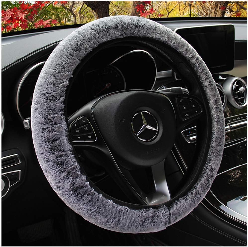 DKIIGAME Steering Wheel Cover for Women,Cute Fluffy Universal 15 Inch Auto Steering Wheel Cover,Fuzzy Car Steering Wheel Protector (Gray)