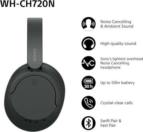 Sony WH-CH720N Wireless Bluetooth Noise Cancelling Over-Ear Headphones, Ambient Sound Mode, Lightweight Design, up to 35 Hr Battery Life, iOS & Android - Black - 2