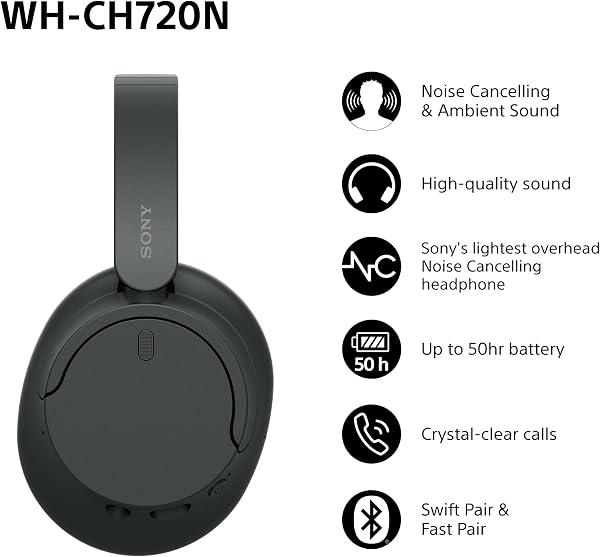 Sony WH-CH720N Wireless Bluetooth Noise Cancelling Over-Ear Headphones, Ambient Sound Mode, Lightweight Design, up to 35 hr battery life, iOS & Android - Black - 2