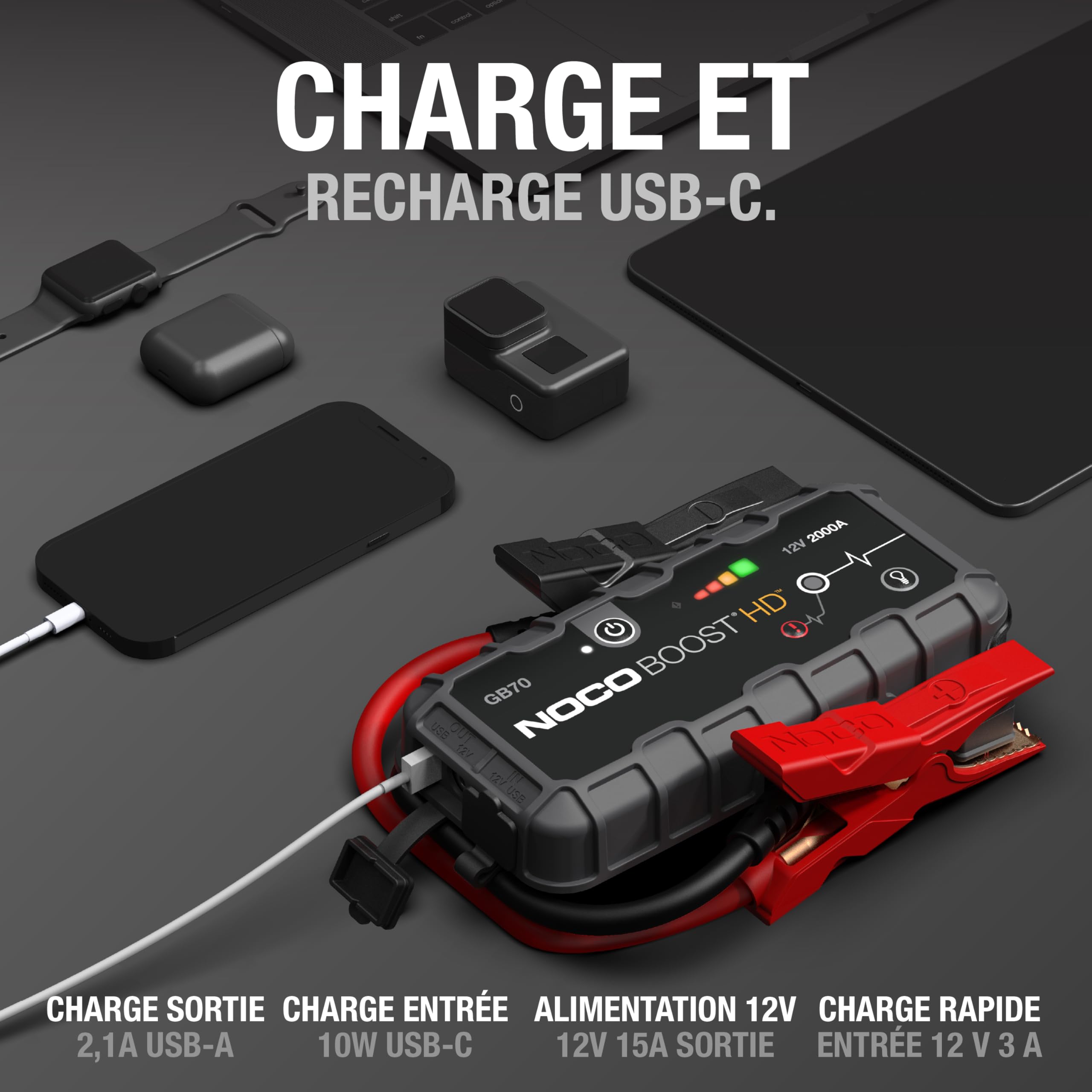 NOCO Boost GB70: Booster Batterie UltraSafe 2000A – Démarreur Lithium 12V Portable avec Powerbank et Chargeur USB – pour Moteurs Essence 8,0L et Diesel 6,0L