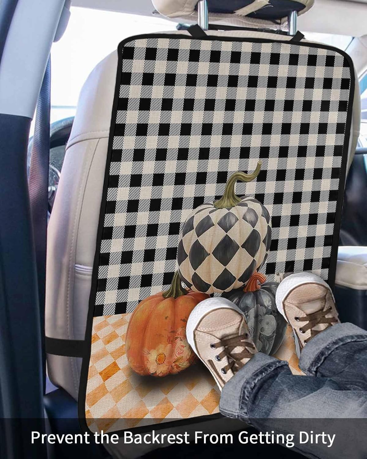 Car Seat Protector, 2 Pack Kick Mats Back Seat Protector Fall Thanksgiving Pumpkin with Floral Orange Black White Plaid Waterproof Backseat Cover for Kids Universal Fit Automotive Interior Protectors