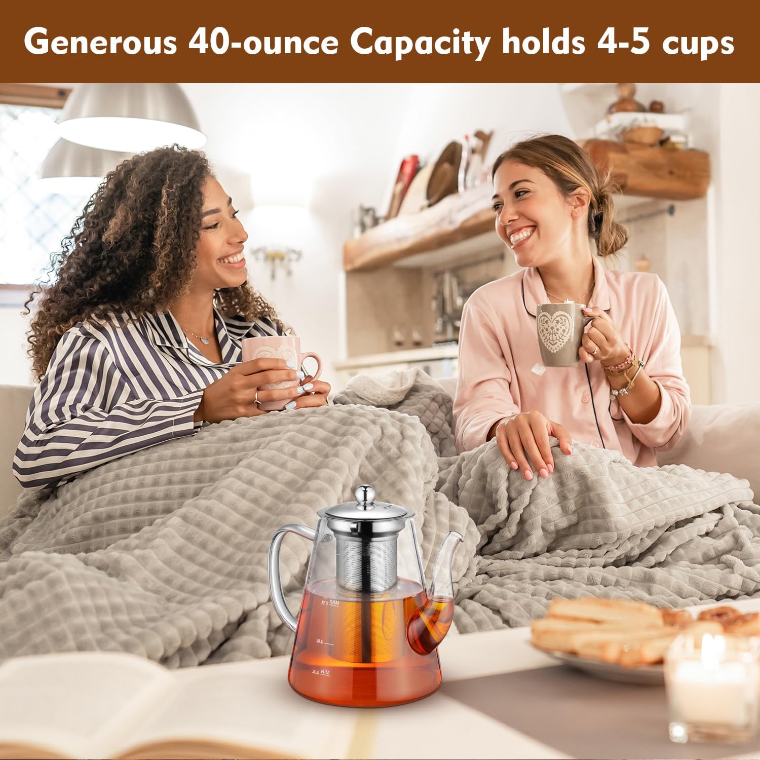 Glass Teapot, 1200ml (40oz) Tea Pot with Infuser for Loose Tea and Blooming Tea, Stovetop Safe Tea Kettle, Hand Crafted Borosilicate Glass Tea Maker with Scale Line, Tea Gift Set for Tea Lovers - Image 7