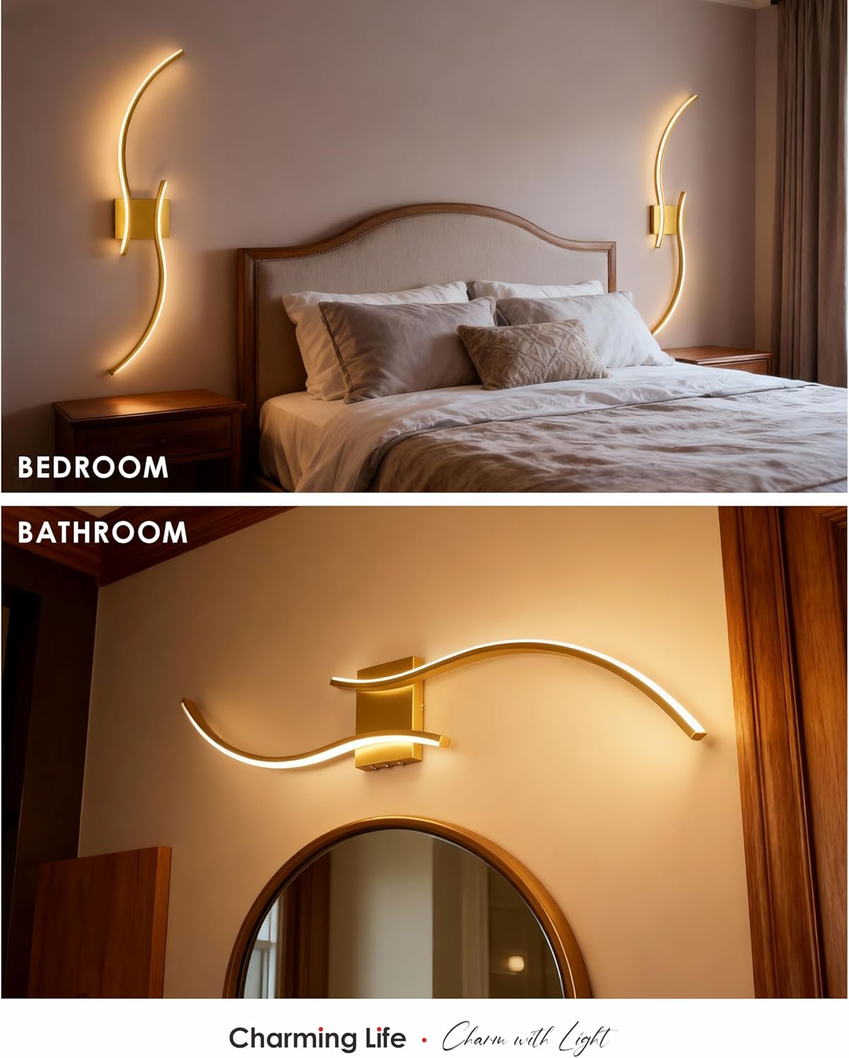 39" Gold Battery Operated Wall Sconces Set of 2, Curved Wireless Wall Lights with Remote, Dimmable Rechargeable LED Art Decor for Bedroom Living Room Hallway (No Wiring)