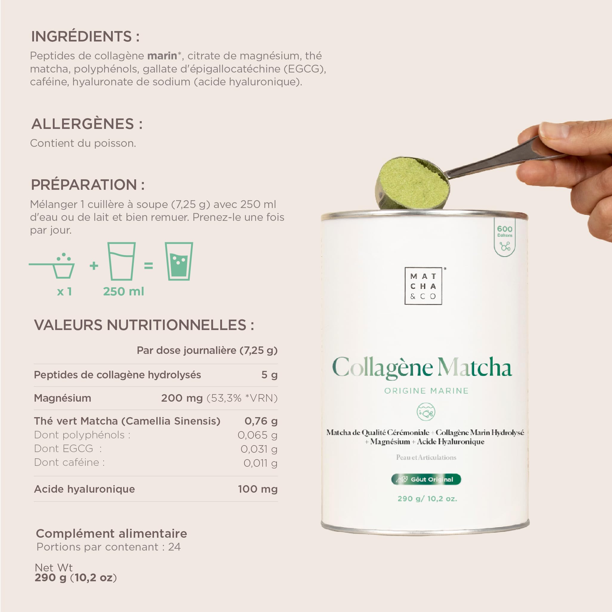 Matcha Collagène Marin en Poudre avec Magnésium et Acide Hyaluronique – Saveur Matcha Citron – Pour Articulations, Peau et Ongles – 296 g