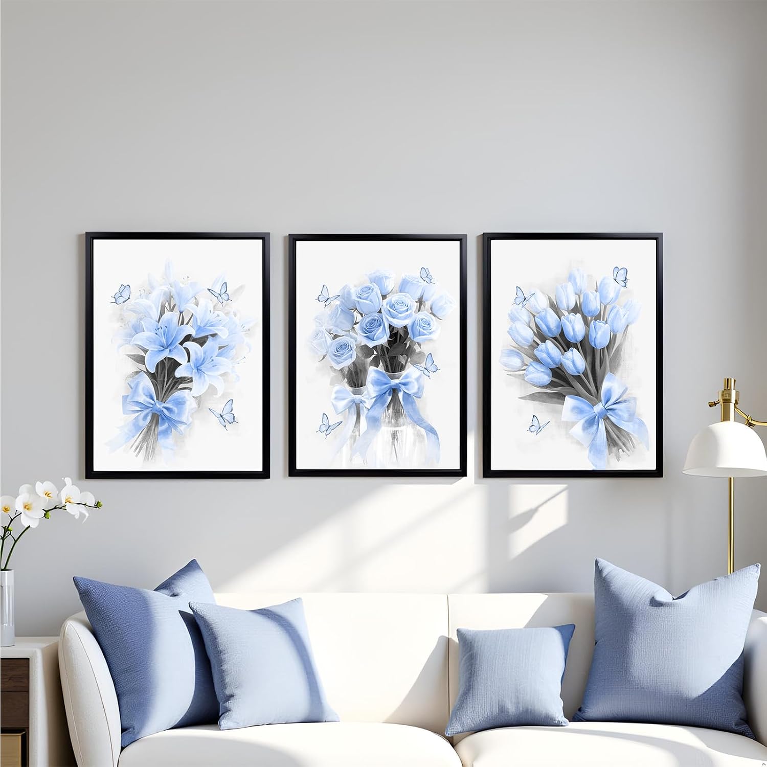 OuElegent Blue Flower Wall Art Floral Bow Artwork Prints Roses and Butterflies Picture Prints Set of 3 Black Framed Canvas 12''x16''x3 (blue)
