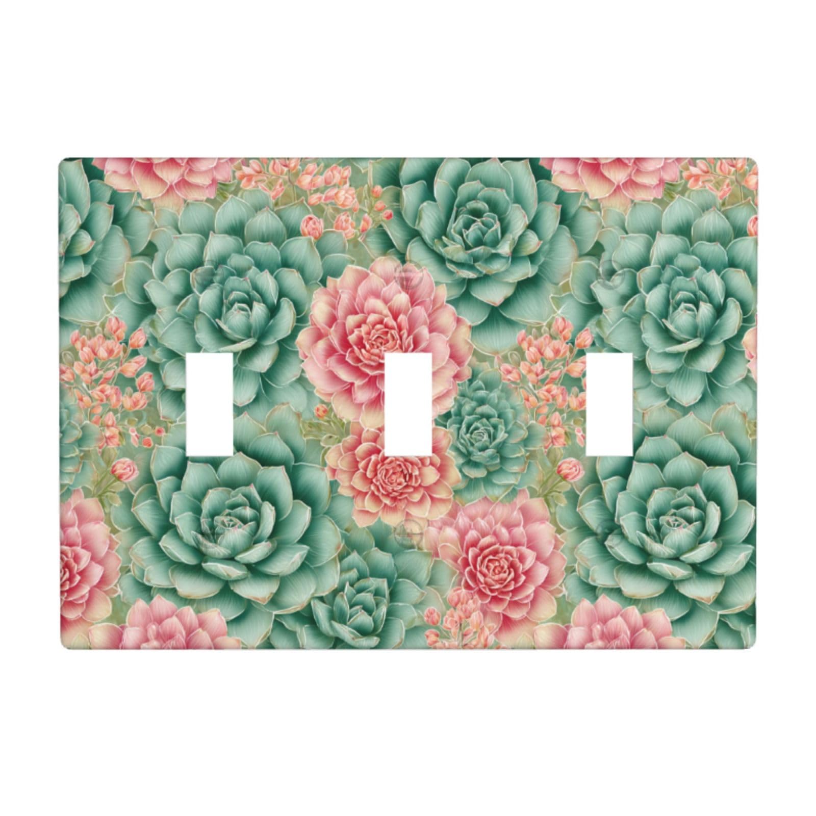 Woshuwo White Succulent And Cactus Mandala Green Pink Light Switch Covers 3 Gang Triple Toggle Wall Plate Switchplate Electrical Faceplate For Bathroom Kitchen Bedroom Decor