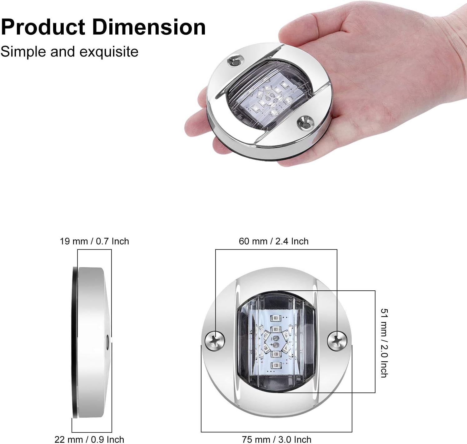 Kawell 2pcs Waterproof Boat Transom Light Underwater Yacht Light Round Boat LED Lights Interior Yacht Deck light Stainless Steel Yacht LED Pontoon Light Boat Navigation Light