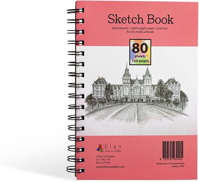 Elan Sketch Book A5, 80 Sheets 120gsm Paper, A5 Sketchbook Spiral Bound Made for Artists, A5 Art Book, Sketching Pad A5, Lightweight Drawing Book, Sketchbook A5, Small A5 Sketch Pad