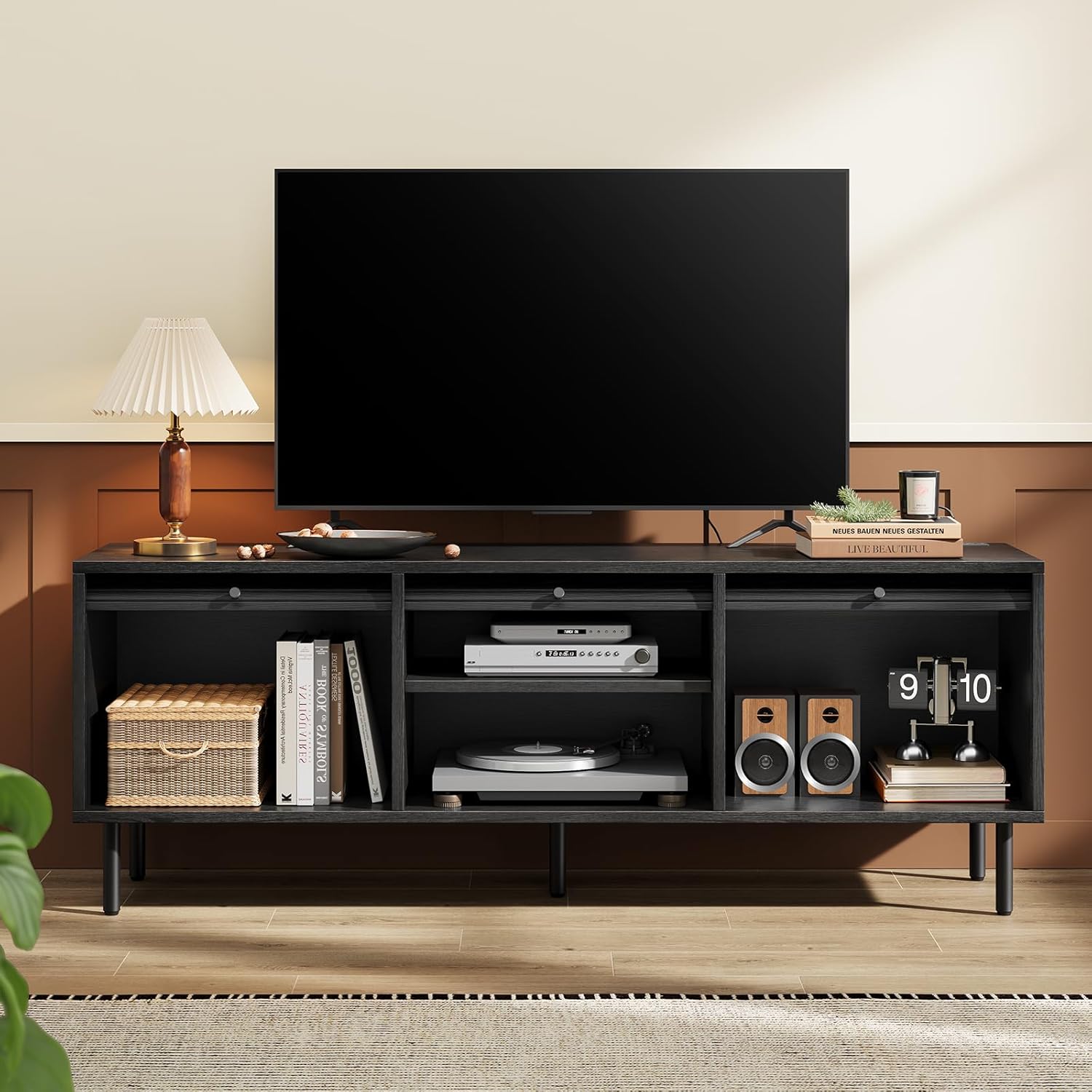 59 Inch TV Stand with Power Outlet for TVs up to 65 Inch, Entertainment Center with Storage, Mid-Century Modern TV Console, Adjustable Shelf & Sliding Doors, TV Stand for Living Room, Bedroom, Black