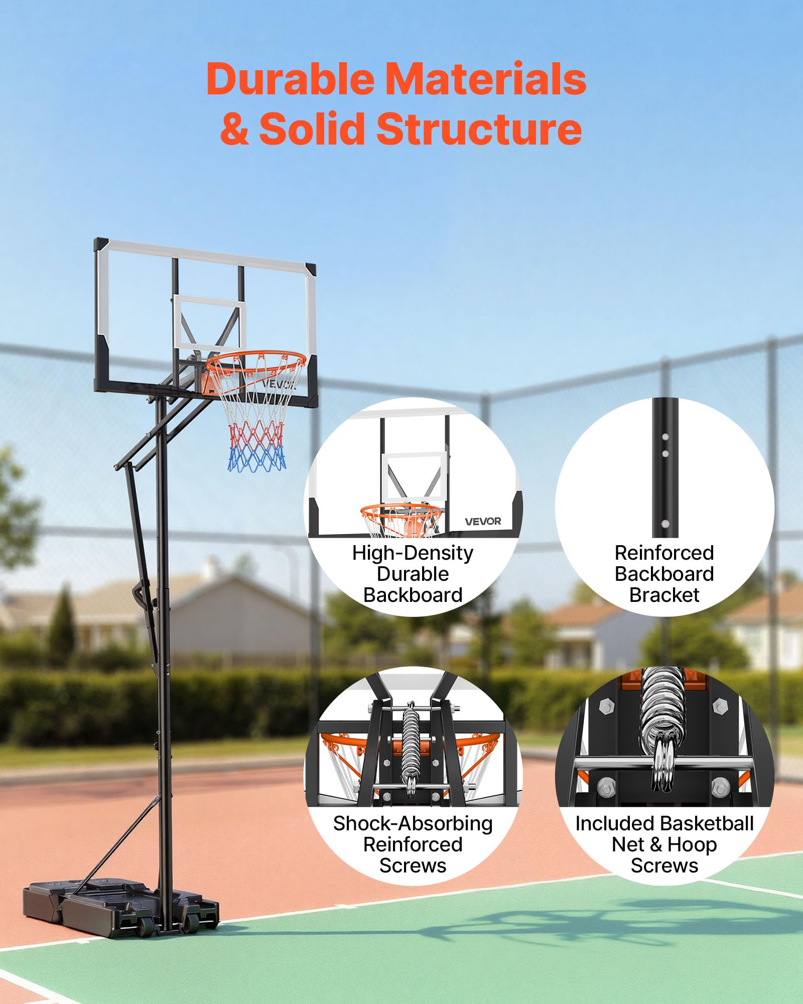 VEVOR Supporto da Basket Portatile Massimo 3,05 m Pallacanestro da Esterno con Piedistallo Regolabile in Altezza Design di Sollevamento, con Ruote e Tabellone PC da 1219,2 mm, per Cortili, Scuole