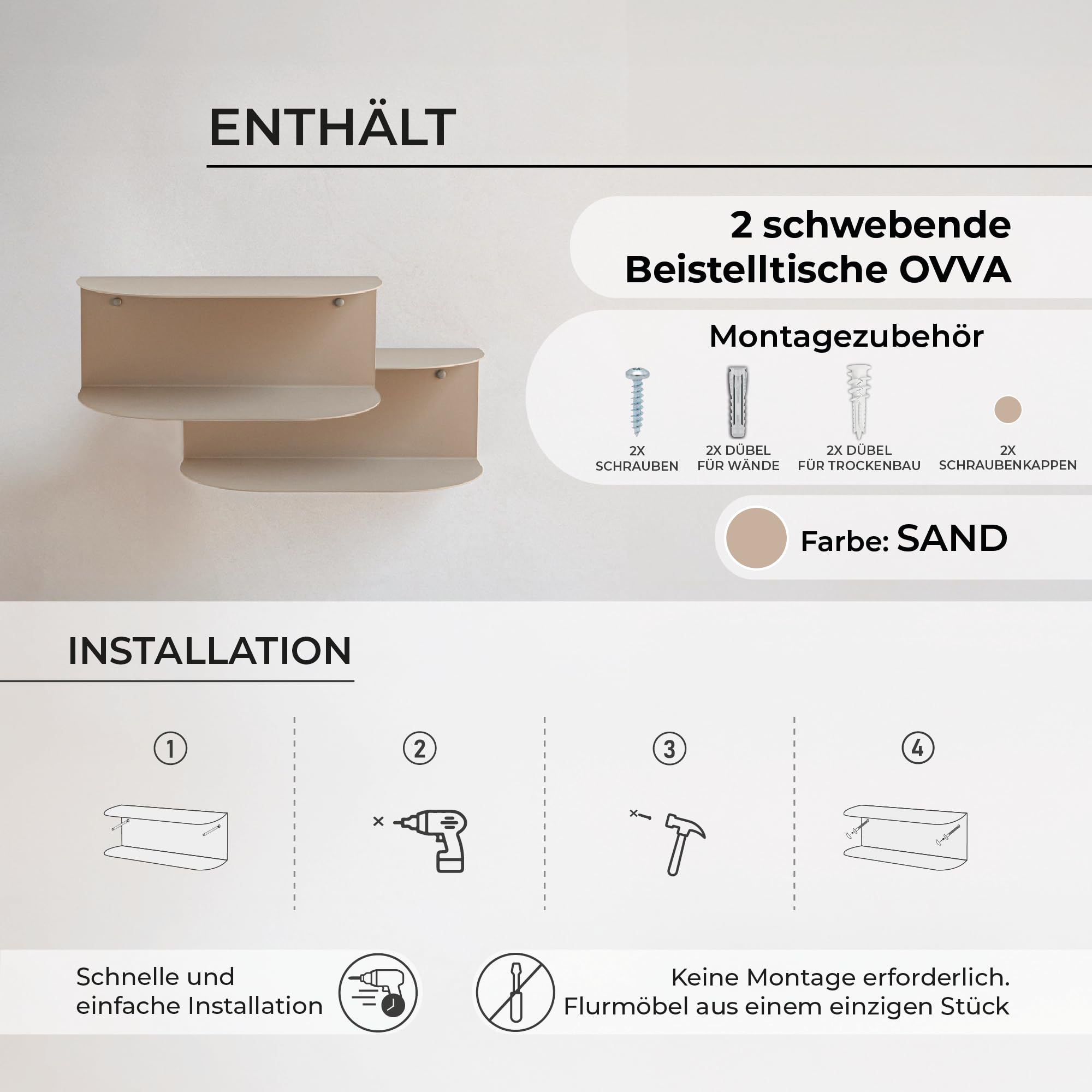 MILUKA Schwebender Nachttisch Hängend 2er Set (2 Stück) aus Metall Beige Sand | 40 x 20 cm, mit 2 Ebenen | Ohne Montage, Wandregal Modern & Konsolentisch