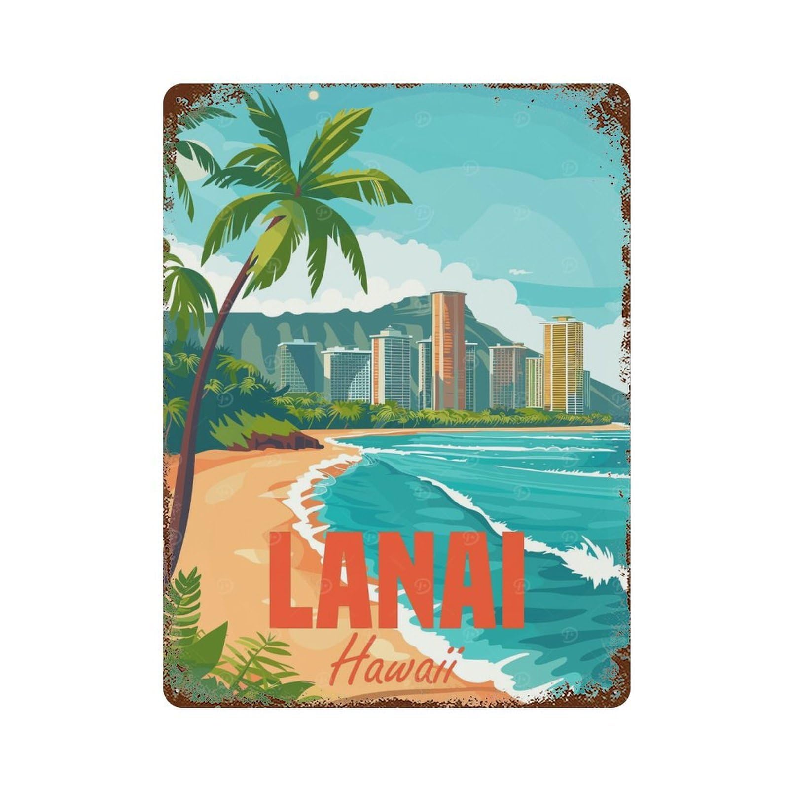 Lanai Island Hawaii 15.7"x11.8" Decorative Tin Sign, Rustic Home Decor for Patio, Garden Room And Bar Decor