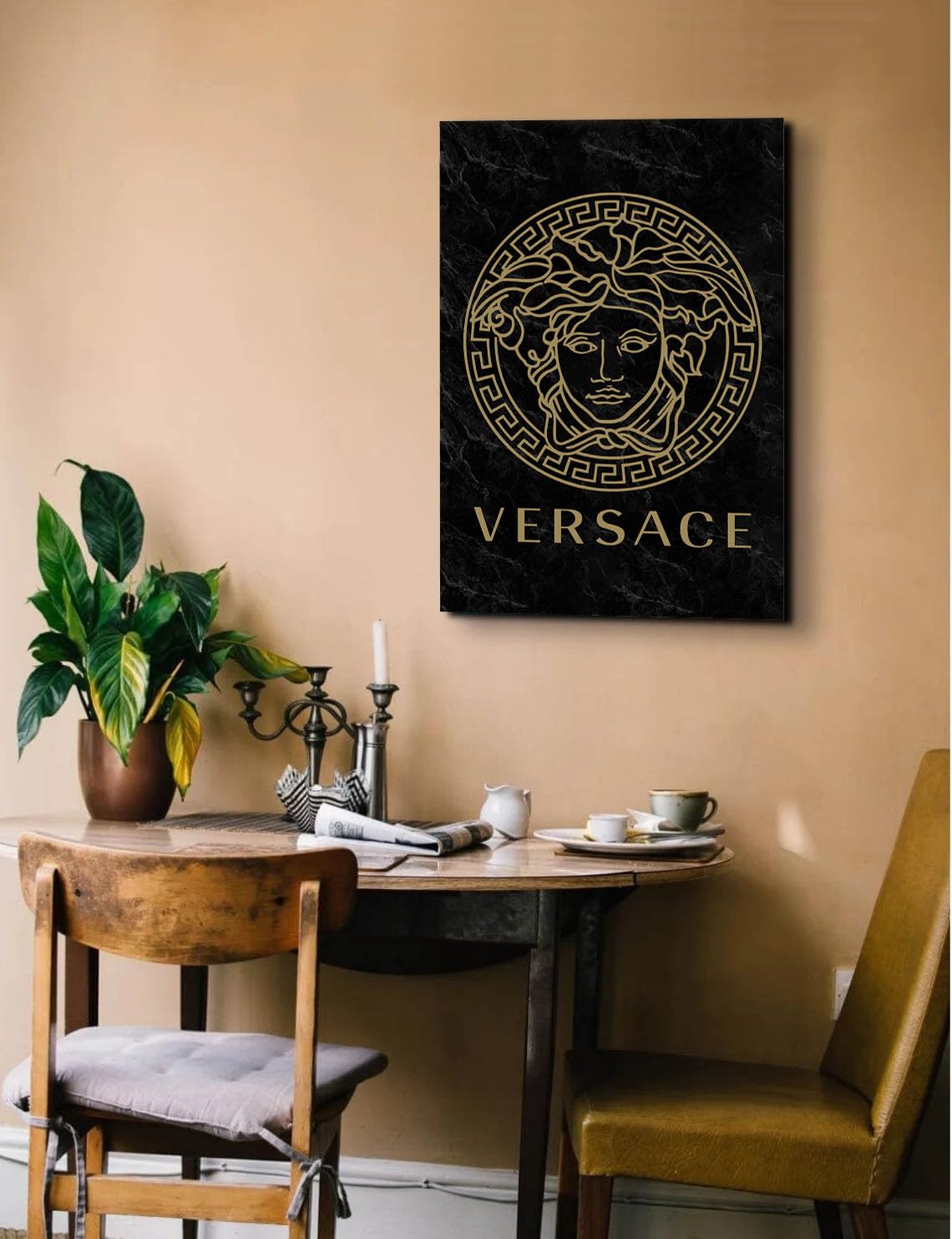 GADGETS WRAP Canvas Gallery Wrap Framed for Home Office Studio Living Room Decoration (14x22inch) - Versace Logo Gold Black