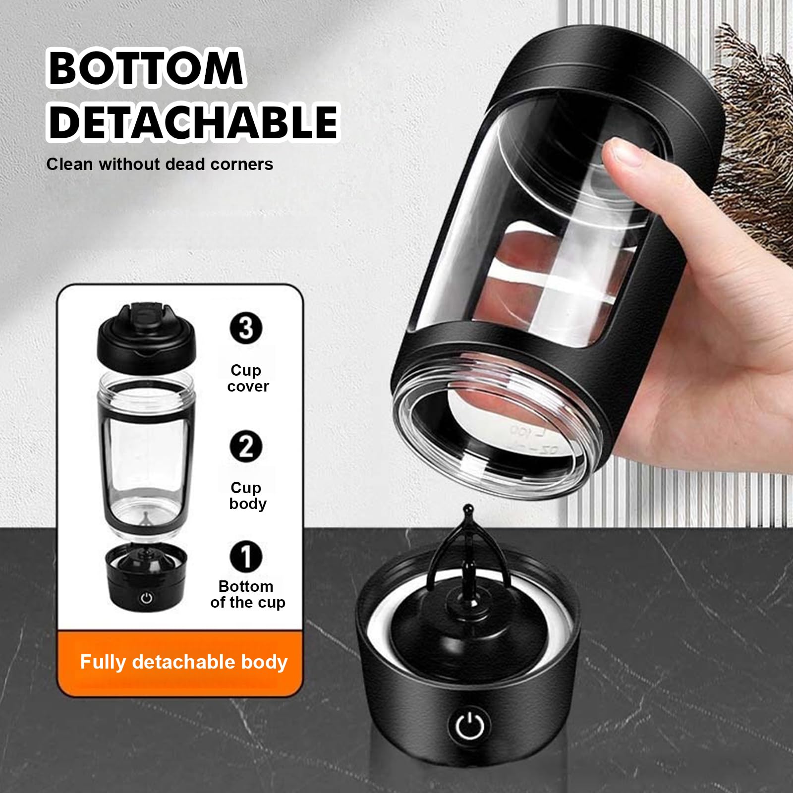 Frullatore elettrico per proteine, frullatore elettrico per albumi, misurino USB da 600 ml, potenti bottiglie da mix, misurino portatile, miscelatore USB C ricaricabile per sport e fitness (Nero)