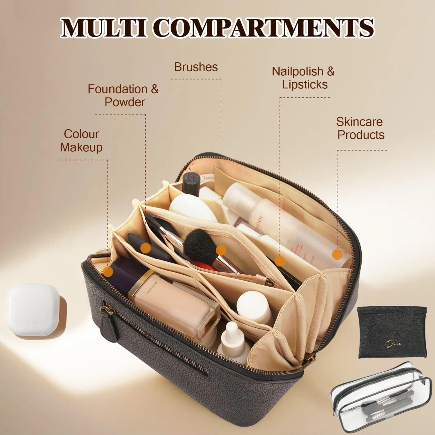 Travel Makeup Bag 3 Pcs Set, Waterproof Vegan Leather Toiletry Bag Organizer with Compartments & Handle, Cosmetic Bags for Women, Portable Travel Essentials Pouch(Upgraded black, 3L) - Image 2