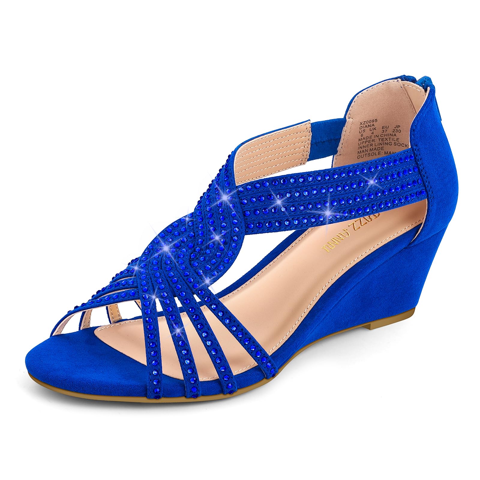 PIZZ ANNU Women's Diana Low Wedge Sandals Sparkly Rhinestone Open Toe Fashion Dress Shoes for Woman Lady in Bridal Dance Evening