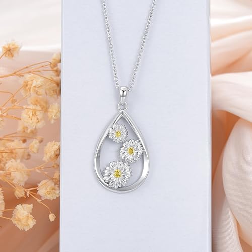 Miniatura 4 de Collar de margaritas de abril para mujer, plata de ley 925, colgante de flor de nacimiento en forma de lágrima, flor blanca, joyería de cumpleaños,