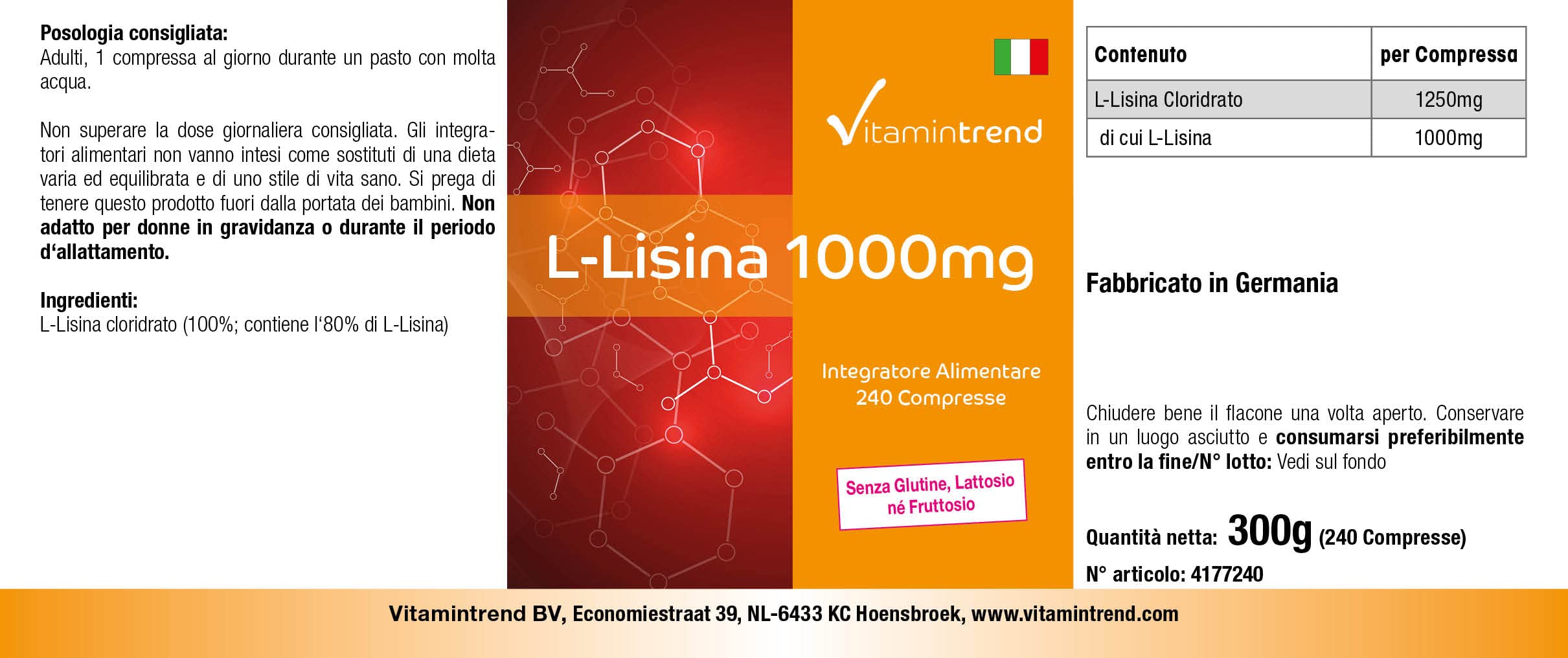 Vitamintrend L-Lisina 1000 mg, 240 compresse, ad alto dosaggio, integratore alimentare vegano senza stearato di magnesio, prodotto in Germania