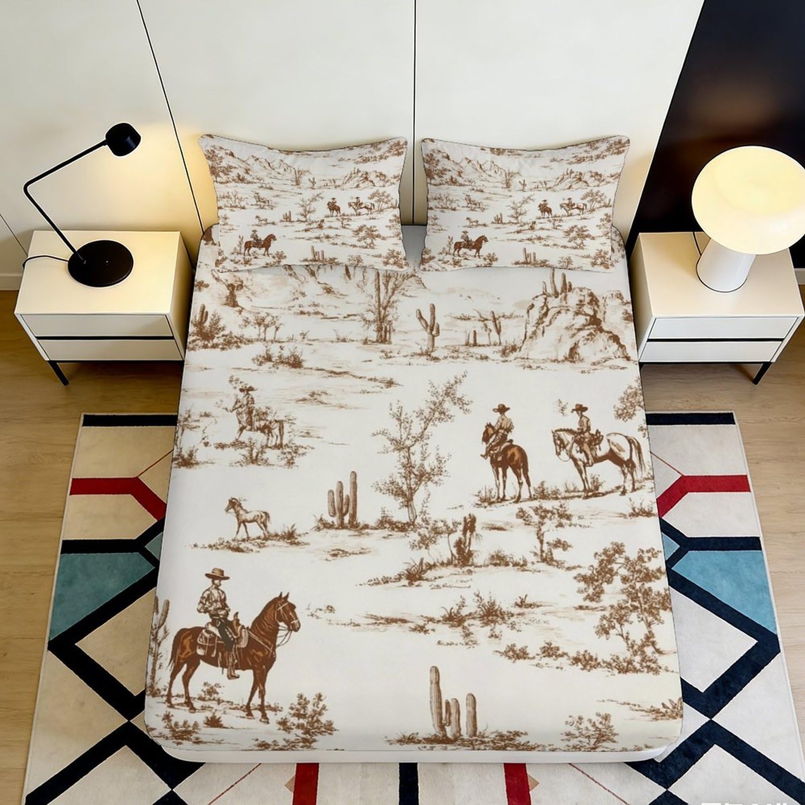 3D Printed Cowboy Desert Fitted Sheet Microfiber Brown Western Horse Mattress Cover for Bedroom Guest Room Decor 90x200x25cm