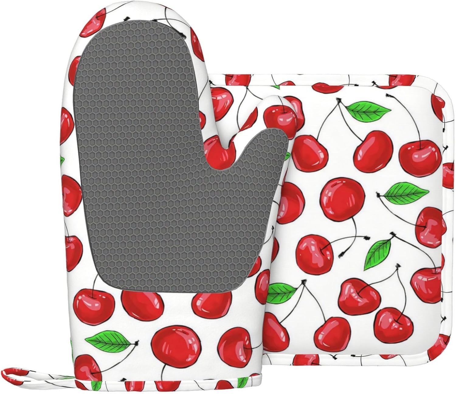 Cute Cherry Oven Mitts and Pot Holders Sets, Home Silicone Heat Resistant BBQ Gloves for Kitchen Baking Cooking Grilling Microwave