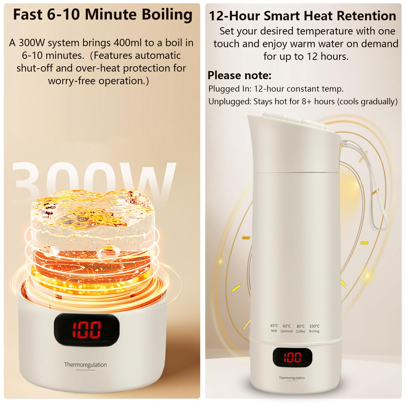 Hervidor eléctrico de viaje pequeño 400 ml, hervidor de agua pequeño de viaje, agua de cocción rápida con ajuste de temperatura, apagado automático, temperatura constante, para té, café, leche de bebé