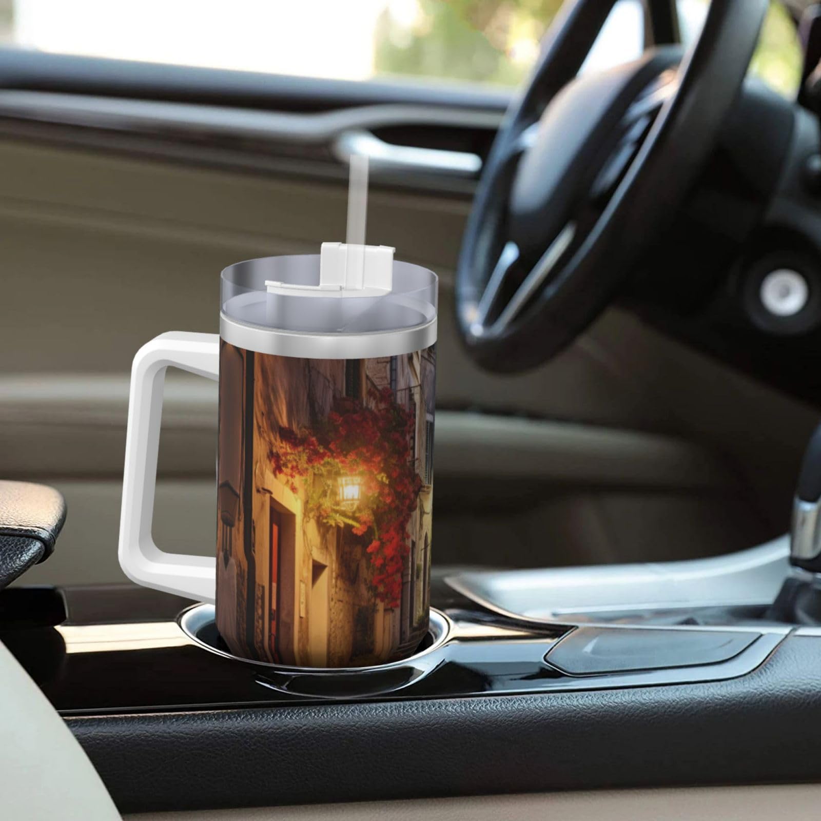 Italian Old Street Ice Bully Wasserflasche aus Edelstahl, doppelwandig, isoliert, mit Griff und Strohhalm-Deckel, 1,2 l