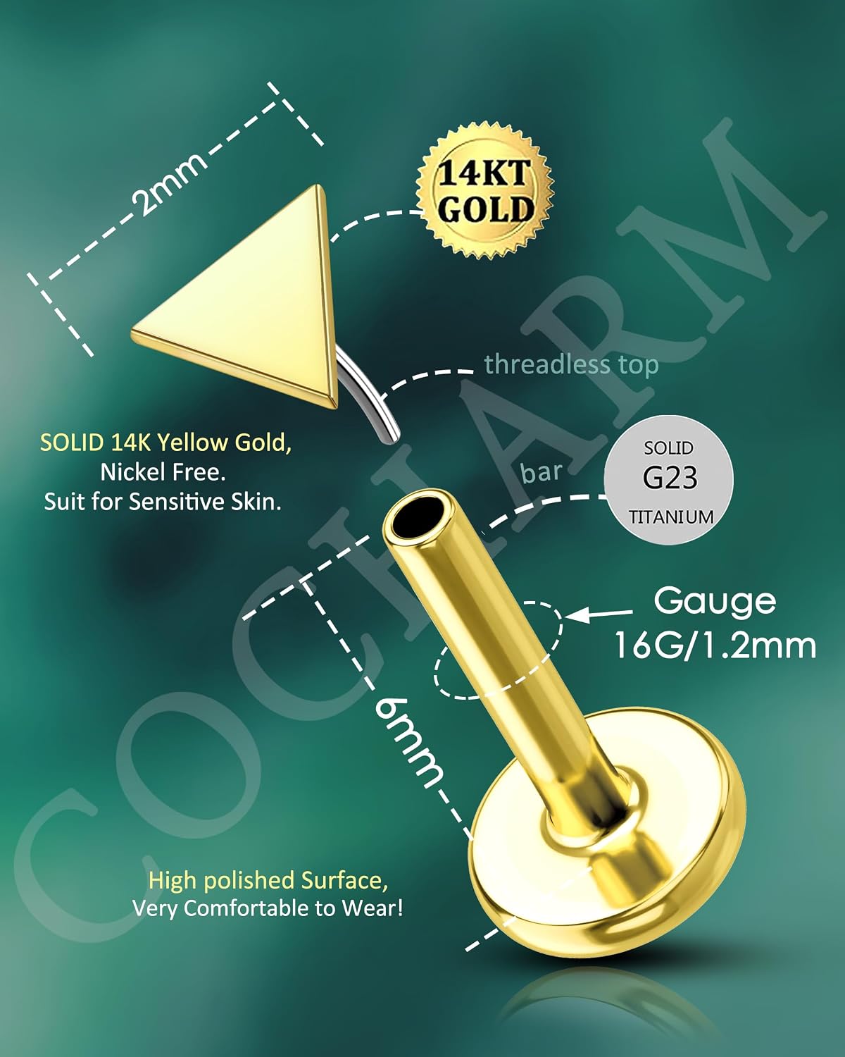 COCHARM 14K Real Gold Helix Tragus Cartilage Piercing Jewelry-Titanium Post-Threadless Tragus Conch Cartilage Earring Stud Flat Back 16g Labret Stud 6mm, 8mm Push Pin Triangle Medusa Jewelry