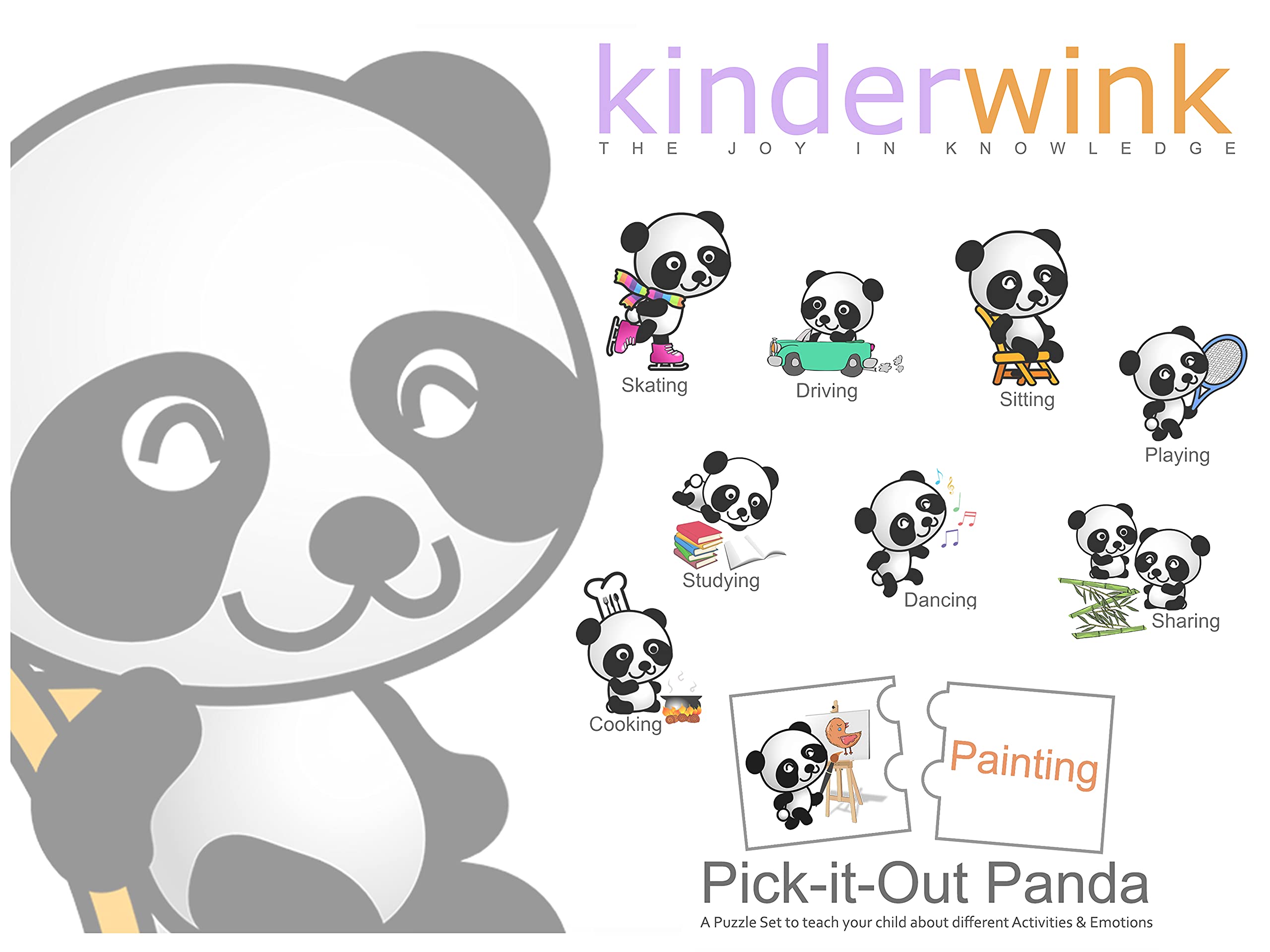 Kinderwink-Pick It Out Panda, Action Words Educational Puzzle Set for Kids 3 Years Old and Above