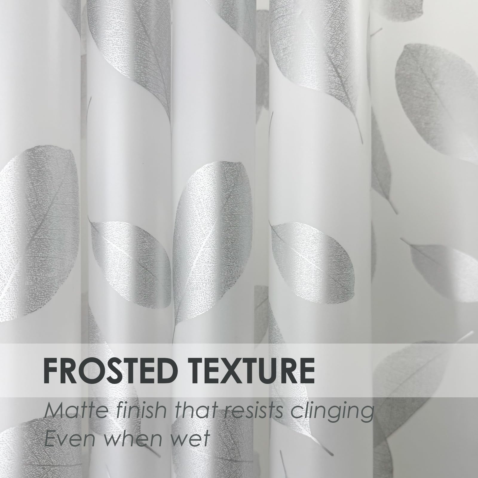 TRIMENGO Plastic Shower Curtain Liner, Waterproof Printed PEVA Shower Curtain with Design, Silver Leaf Pattern, Rustproof Grommets, Standard Size 70x72 Bathtub Curtain for Bathroom (Pack of 1)