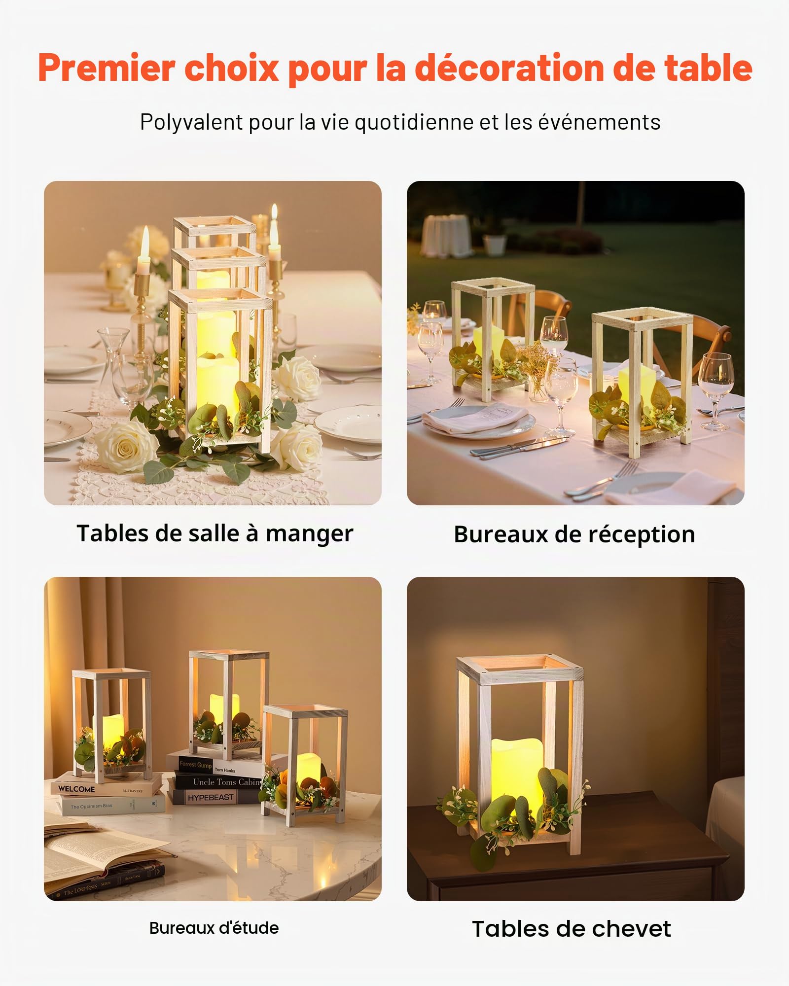 VEVOR Lanterne de Mariage en Bois, Lot de 12, Lanterne Décorative avec Bougies LED sans Flamme, Couronnes de Fleurs Artificielles, pour Centre de Table de Mariage, Fête, Décoration Intérieur, Blanc