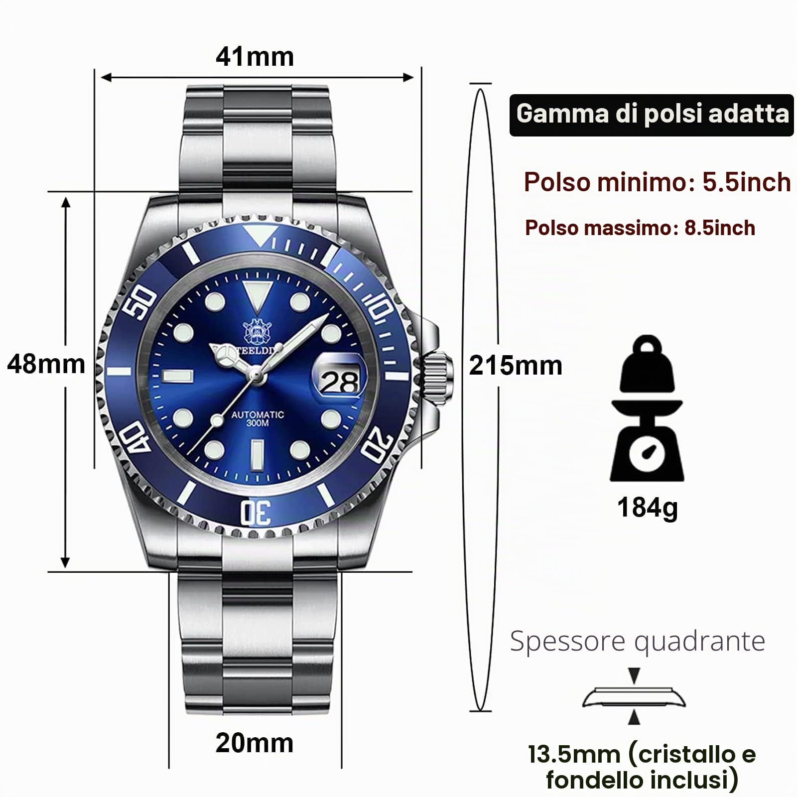 watchdives Steeldive SD1953 Orologio Automatico da Uomo, in Acciaio Inox, Movimento NH35, 300 m, Orologio Subacqueo
