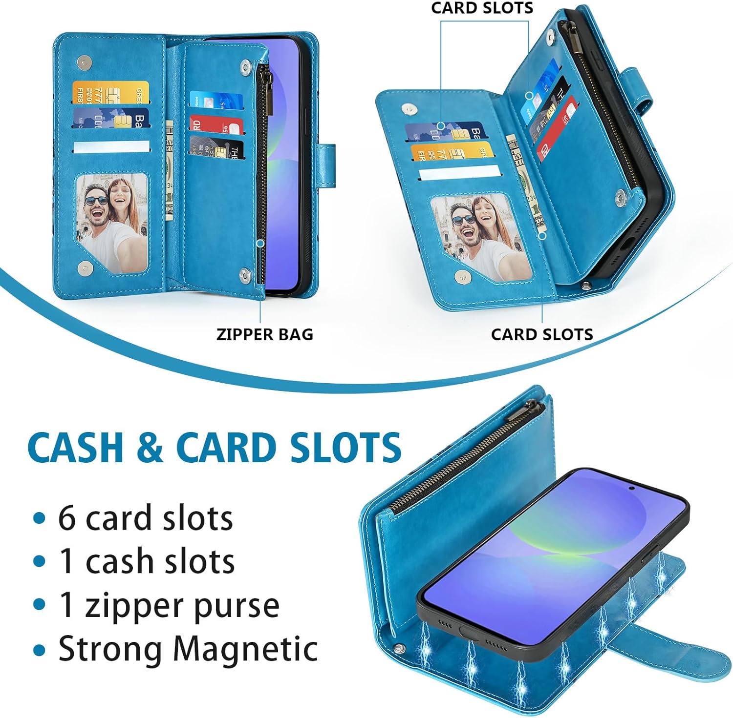 Phone Case for Samsung Galaxy A36 5G Zipper Wallet Detachable Cell Cover with Tempered Glass Screen Protector Crossbody Lanyard Strap Mandala Flower Card Holder A 36 36A LTE SM-A366U Women Girls Blue