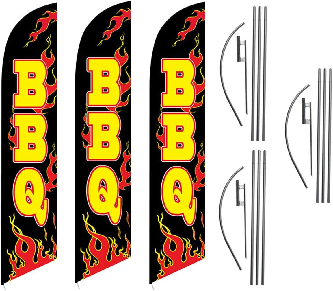BBQ Barbecue Restaurant Advertising Feather Flag Kits Package, Includes 3 Banner Flags, 3 Flag Poles, and 3 Ground Stakes