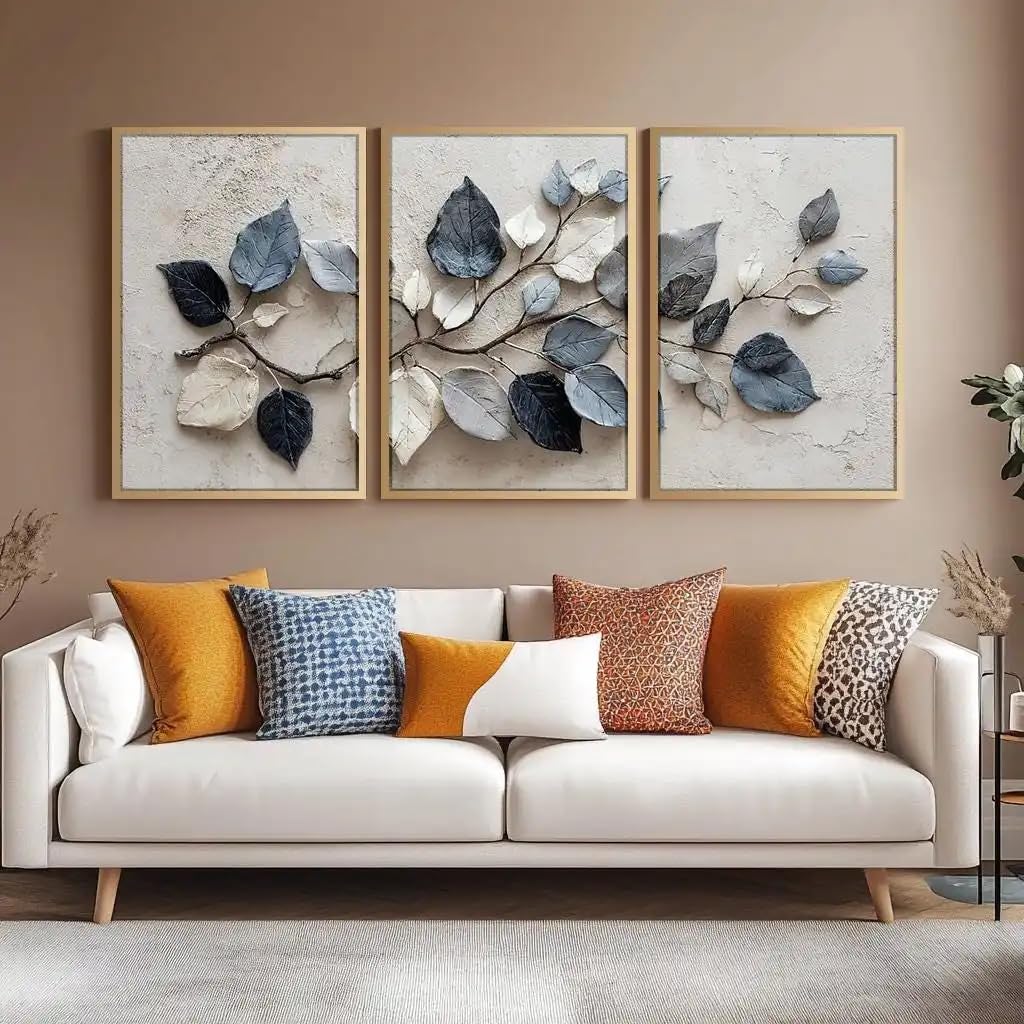 LTjiajuypd Wabi Sabi Neutral Leaf Canvas Wall Art Japandi Blue Grey Botanical Prints, Minimalist Living Room Bedroom Home Decoration(60x90cm-3Pcs)